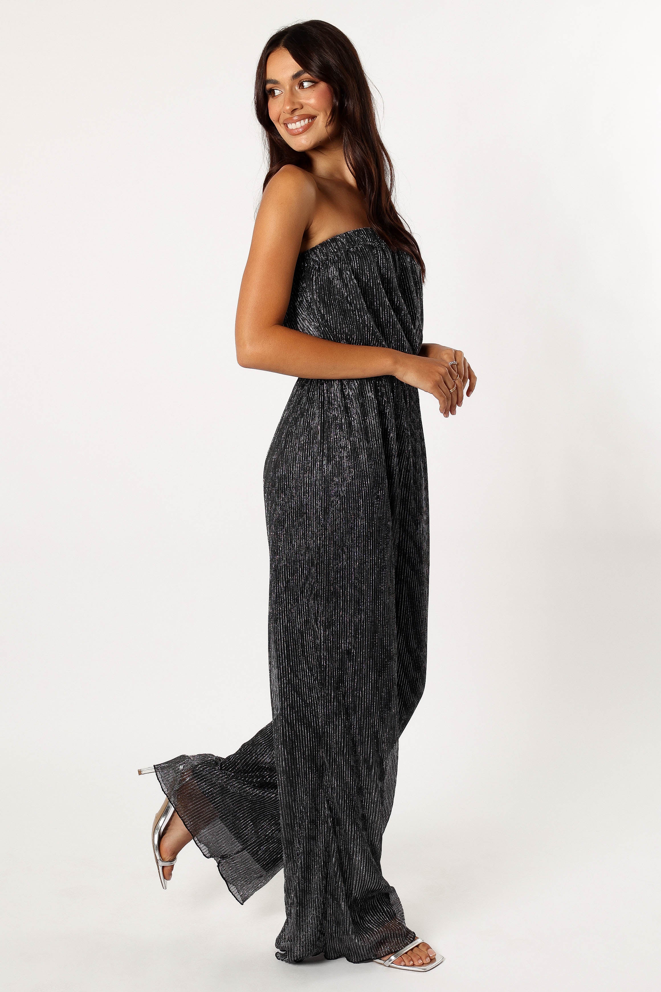 Black Strapless Jumpsuit - Pleated Plisse Wide Leg Design