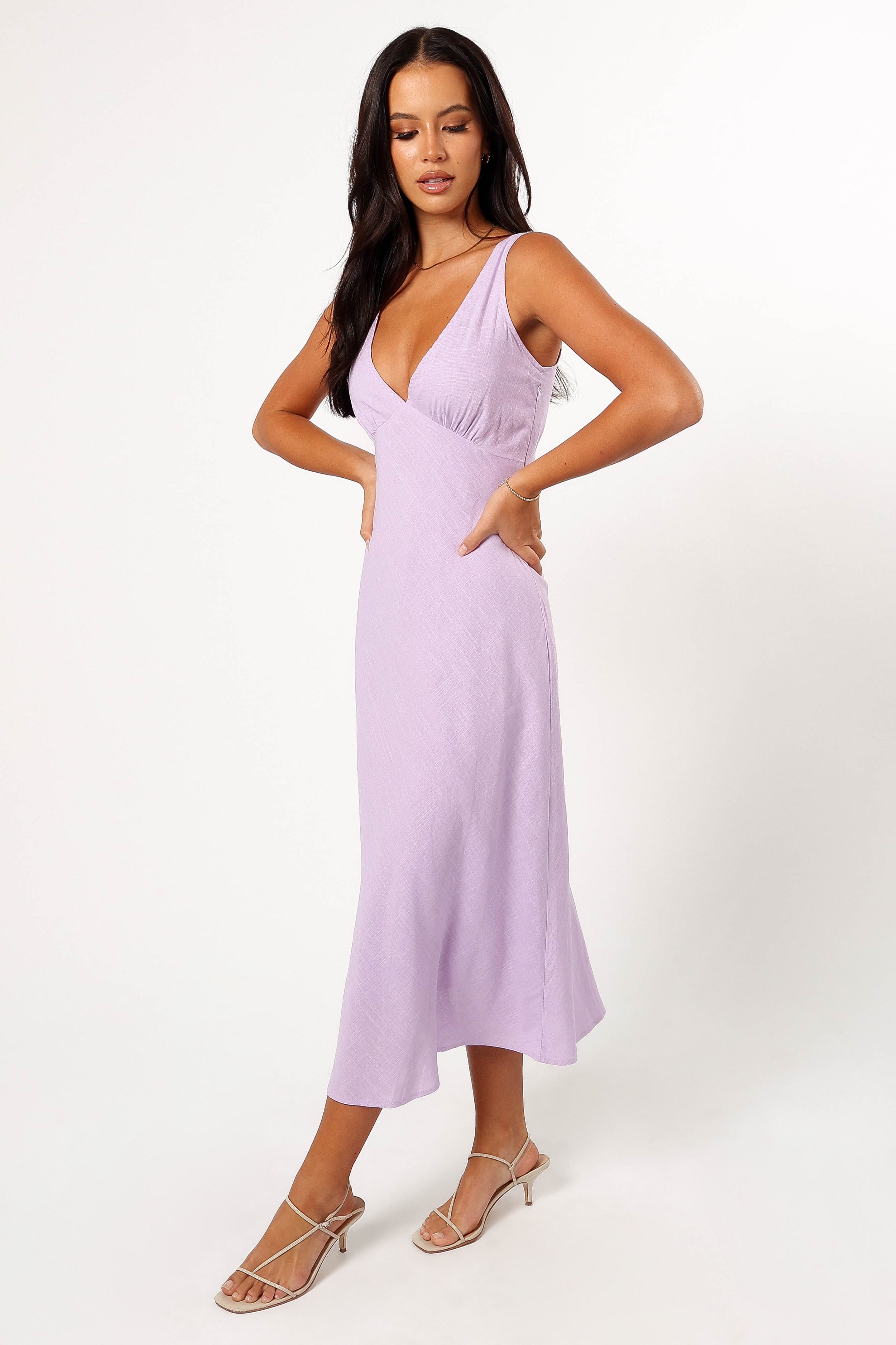 Lilac V-Neck Open Back Midi Dress - Shyla Cotton Rayon