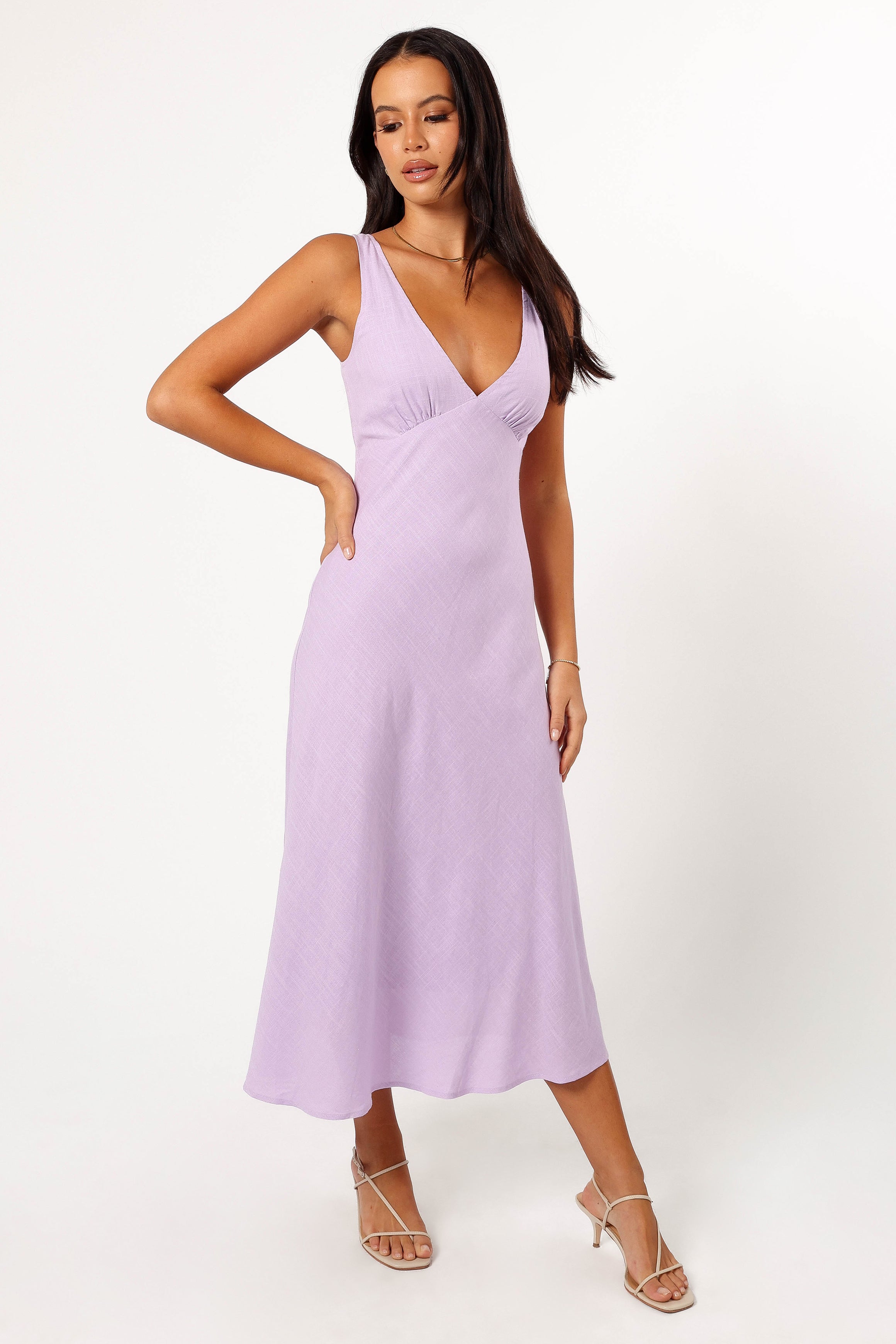 Lilac V-Neck Open Back Midi Dress - Shyla Cotton Rayon