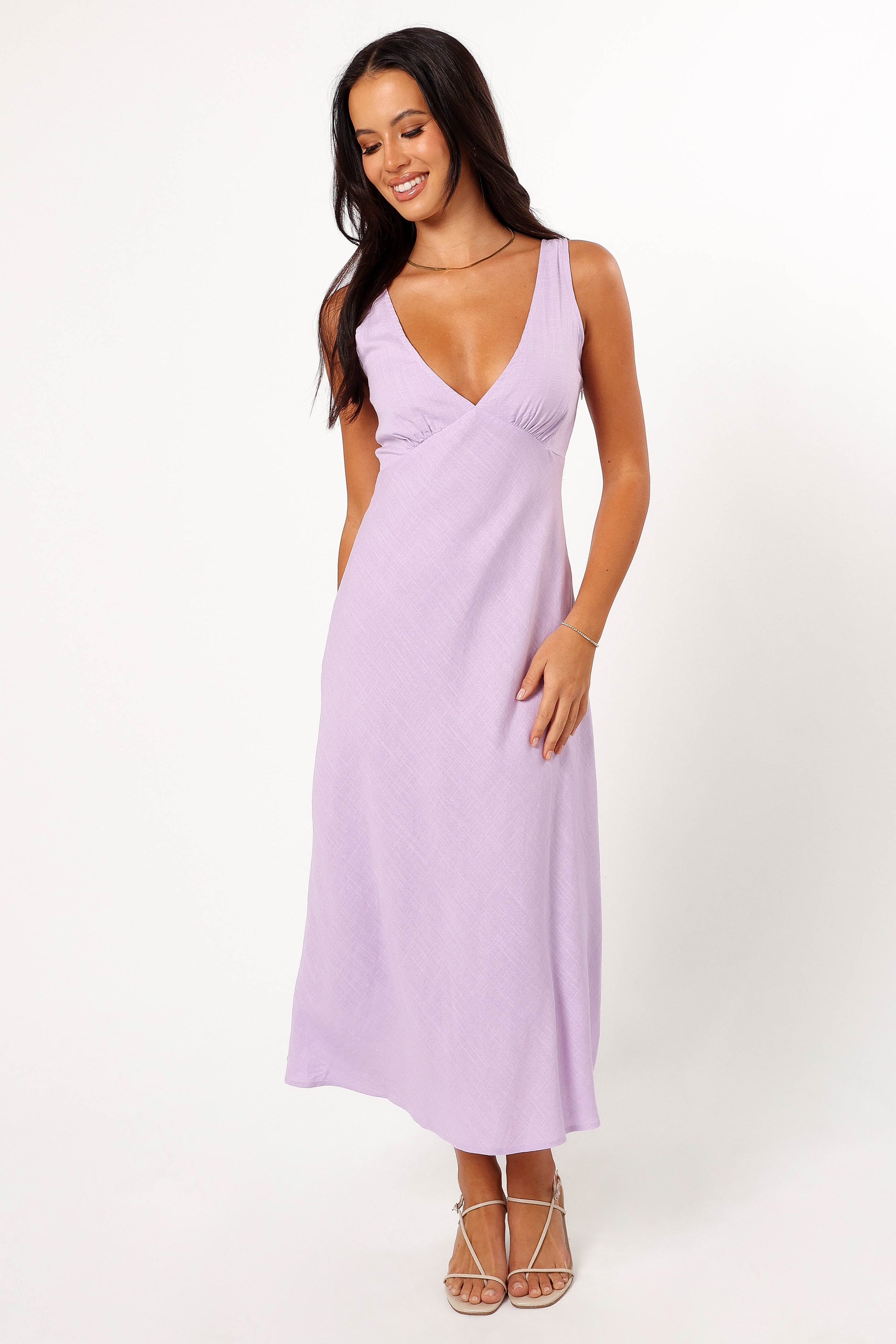 Lilac V-Neck Open Back Midi Dress - Shyla Cotton Rayon