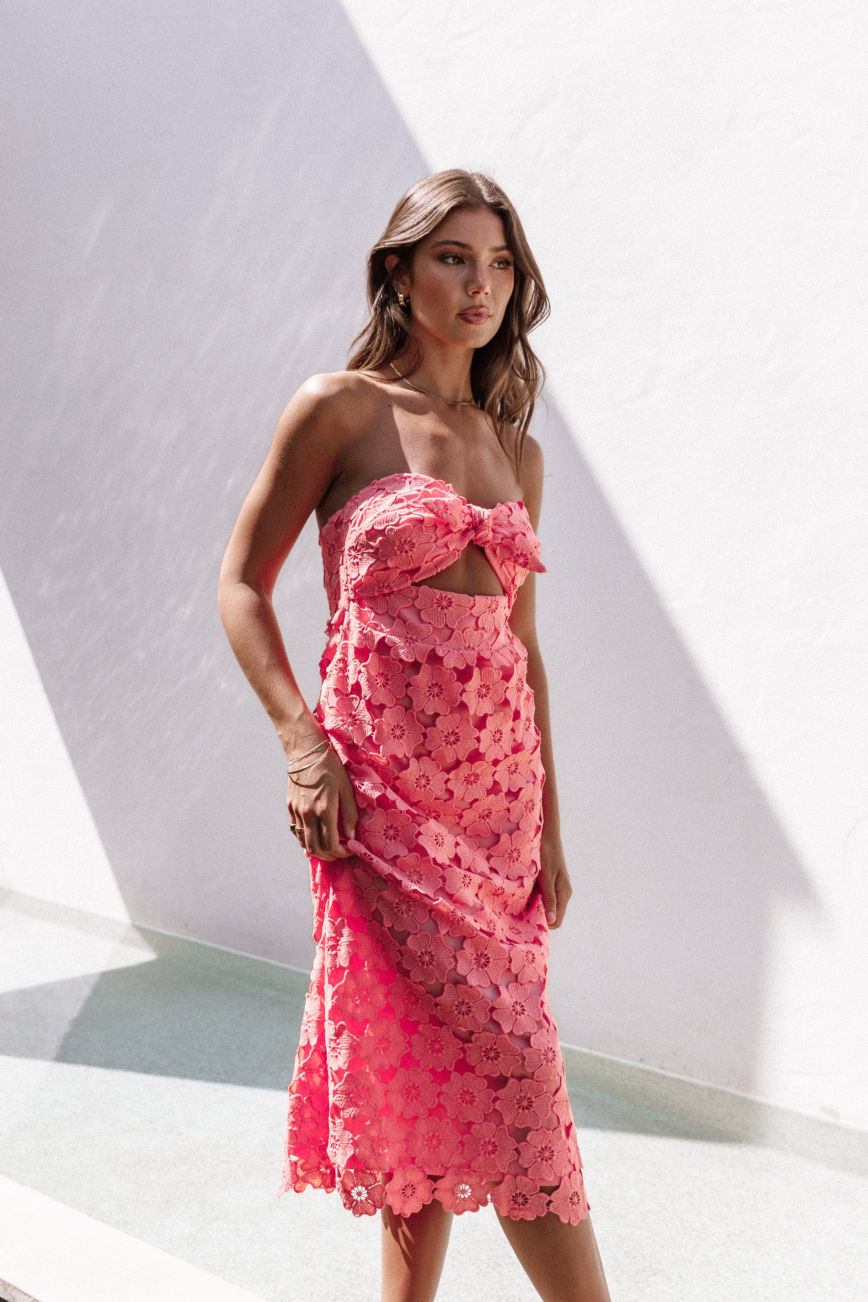 Tyler Strapless Sweetheart Midi Dress with Floral Embroidery