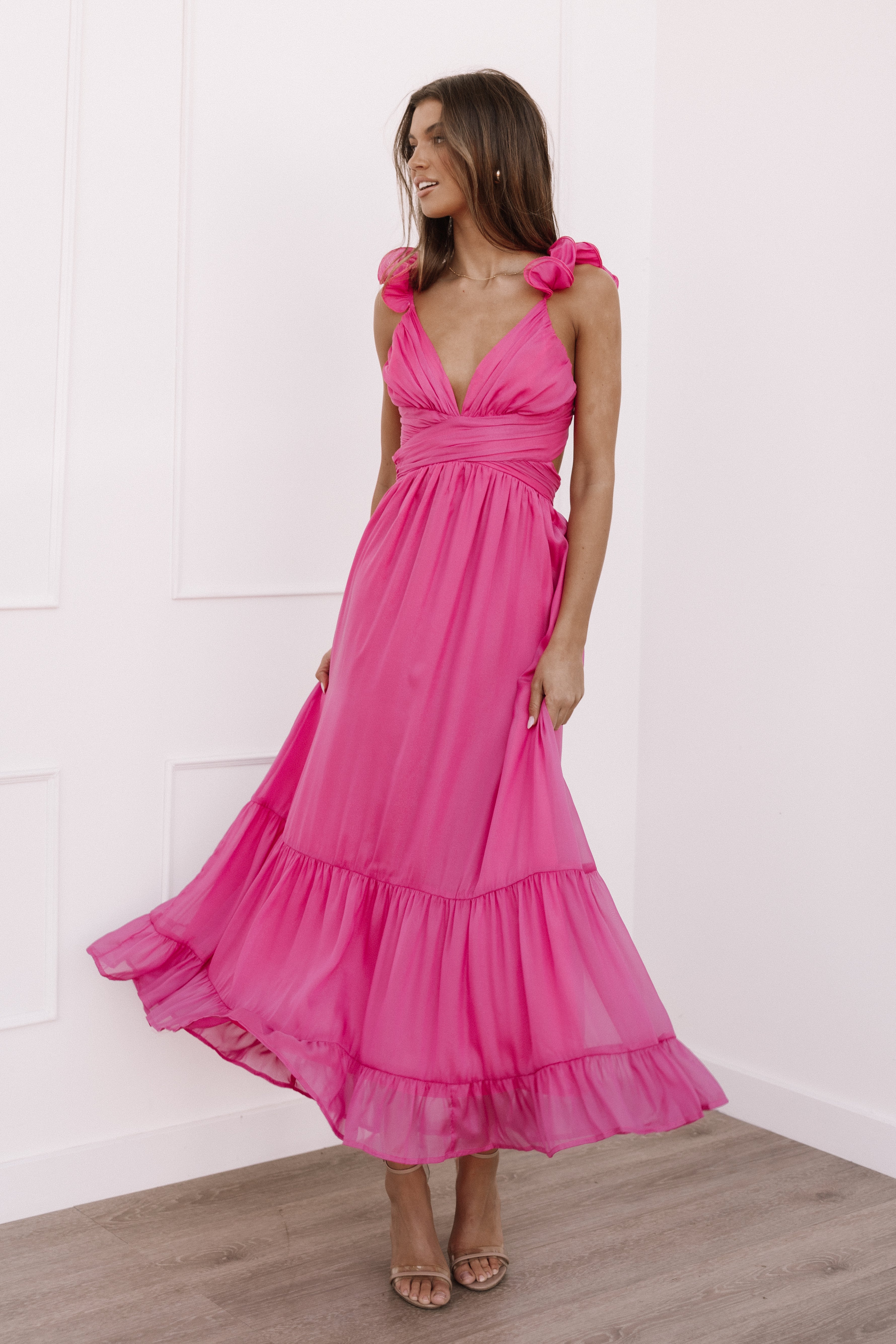 Bonito V-Neck Lace-Up Midi Dress in Berry