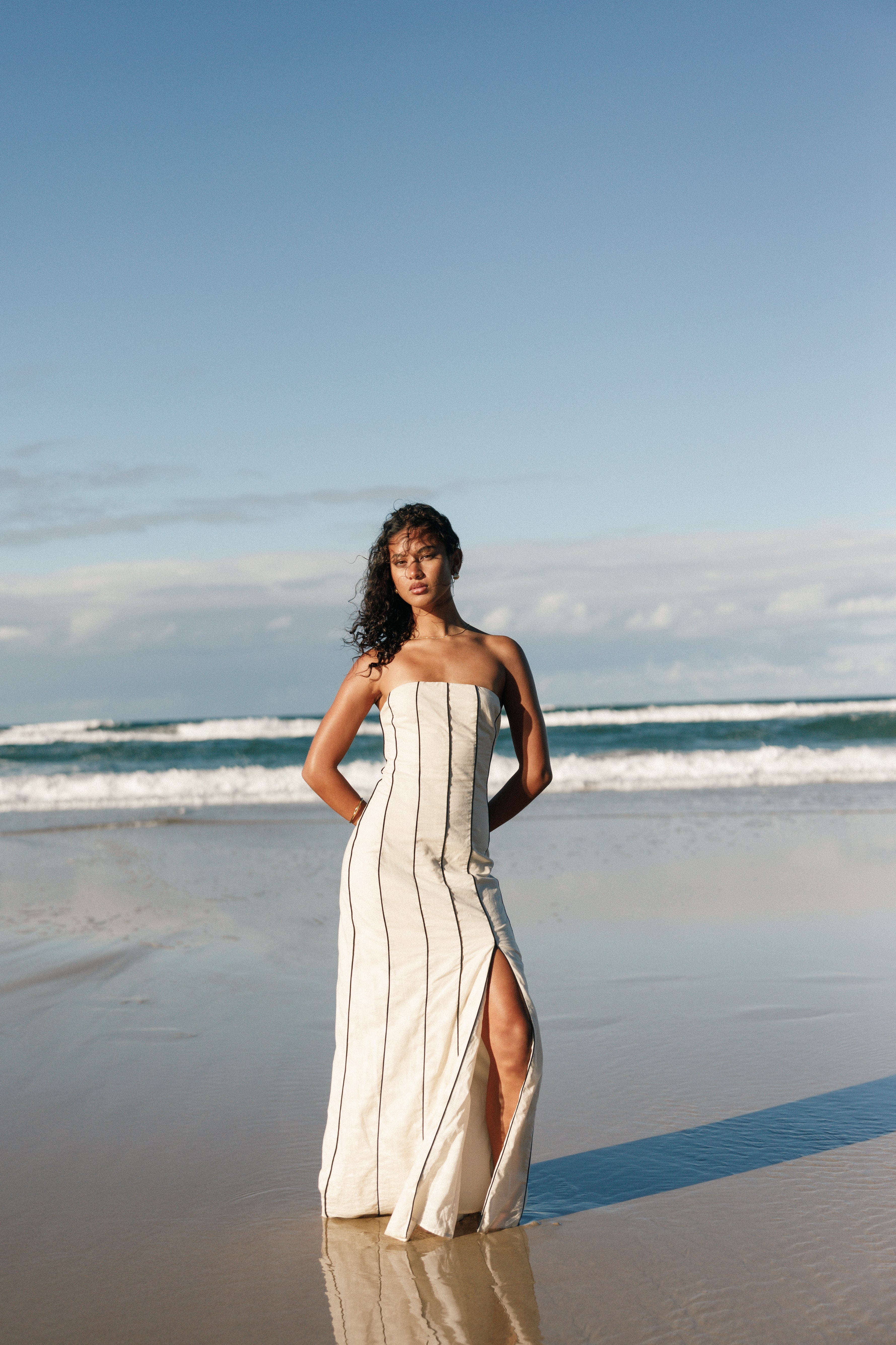 Cream Stripe Print Maxi Dress with Side Split - Ravello