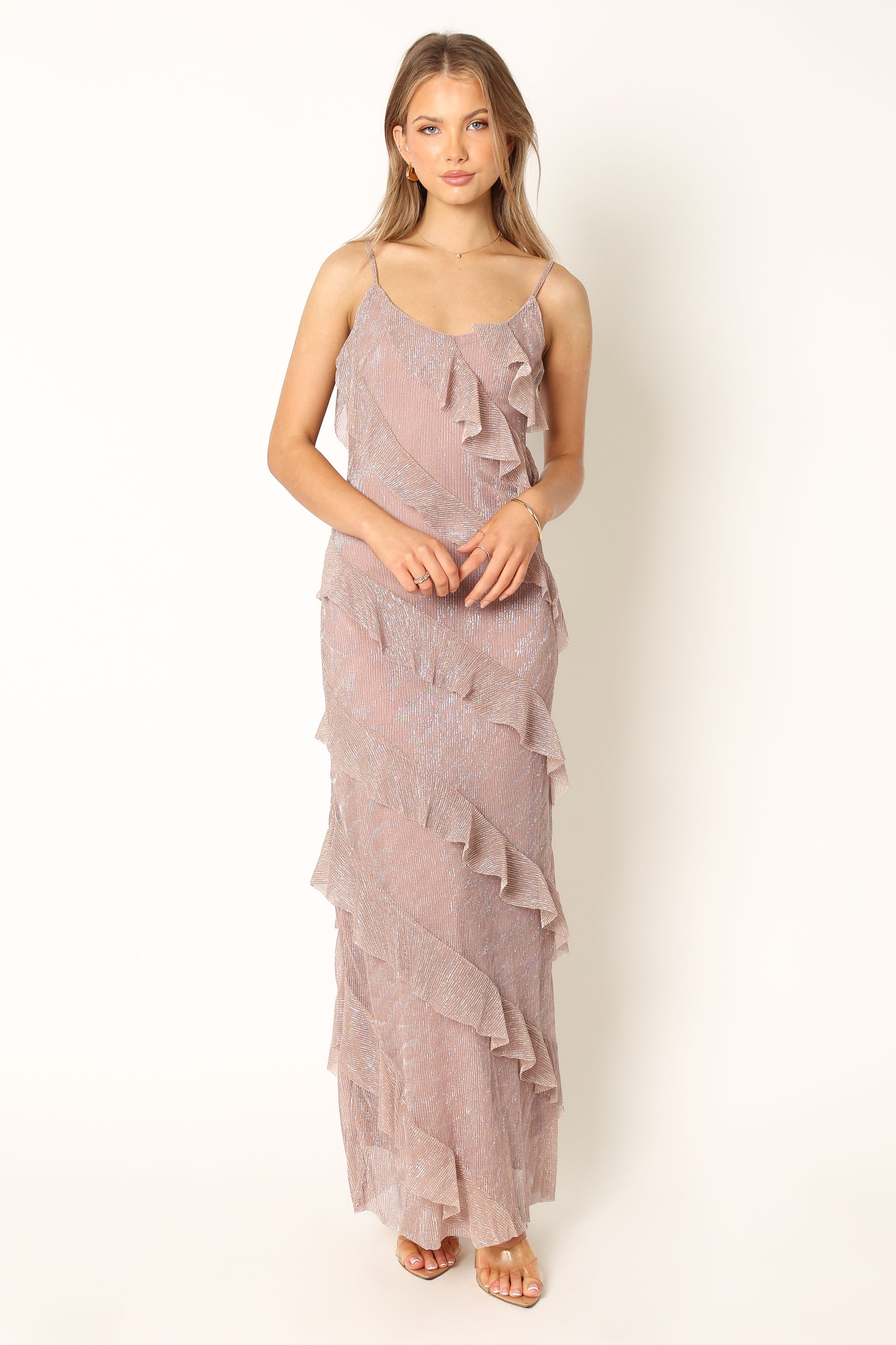 Ciao V-Neck Ruffled Maxi Dress in Dusty Lavender