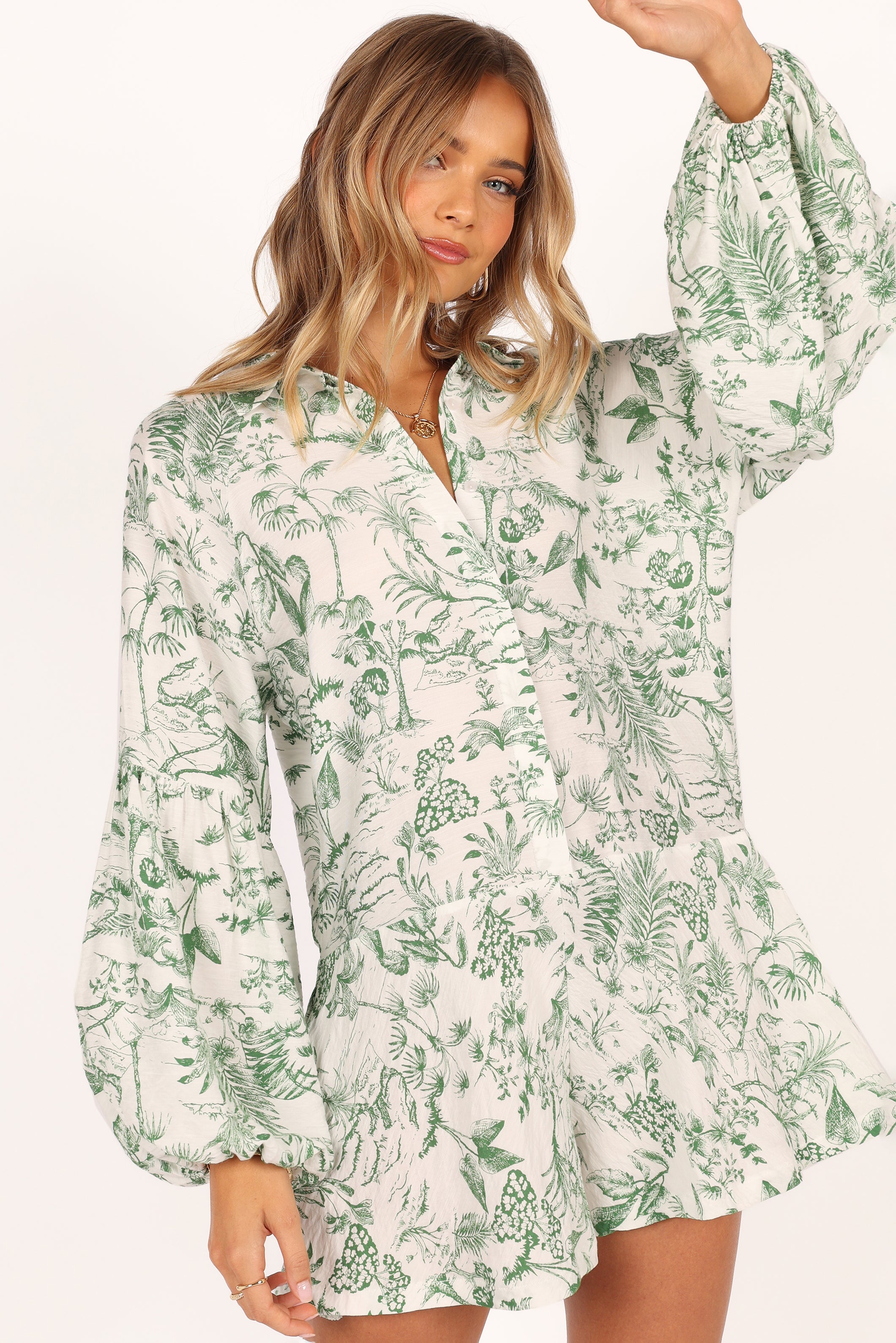 Green Botanical Print Elsa Romper Playsuit - Relaxed Fit Long Sleeve