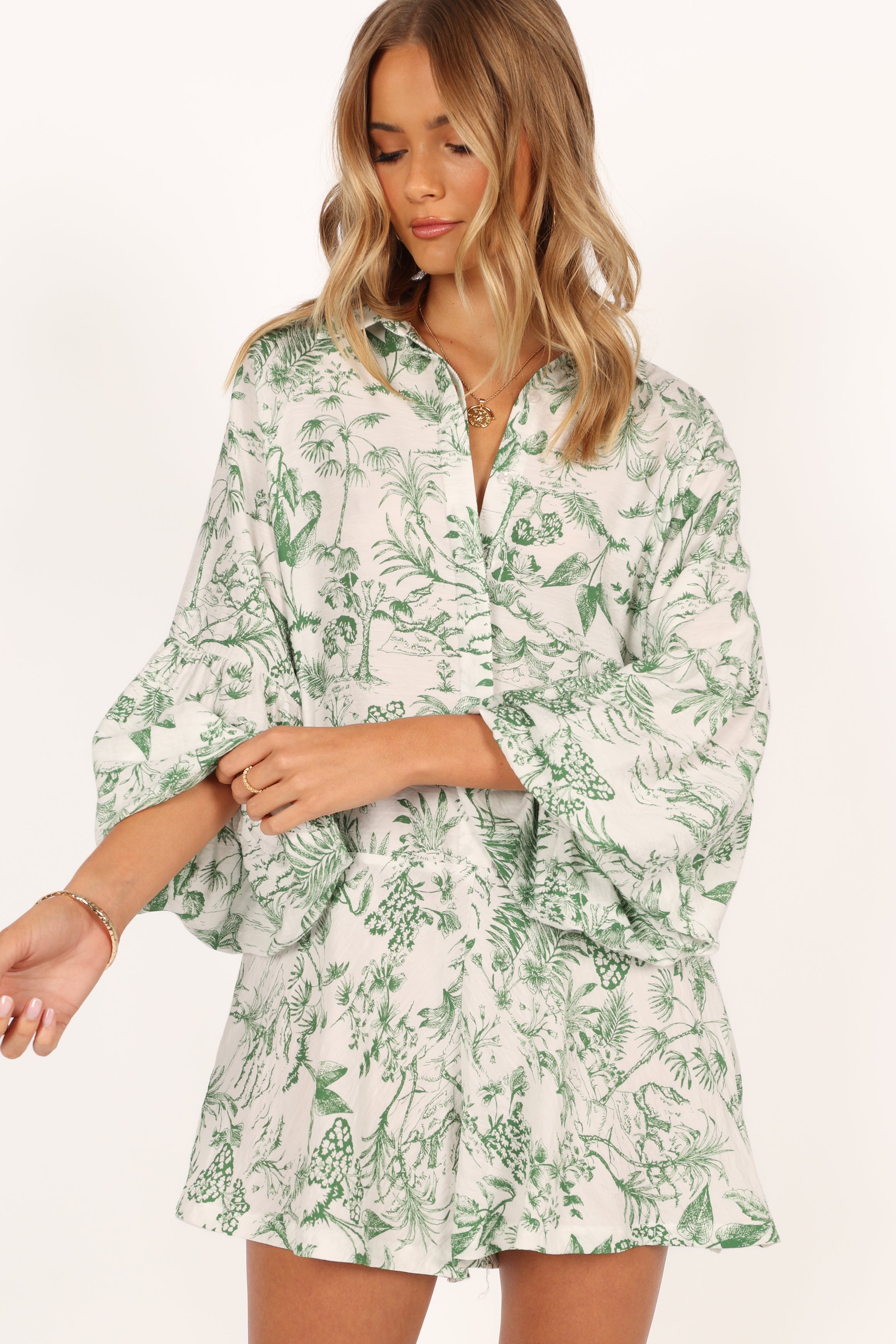 Green Botanical Print Elsa Romper Playsuit - Relaxed Fit Long Sleeve