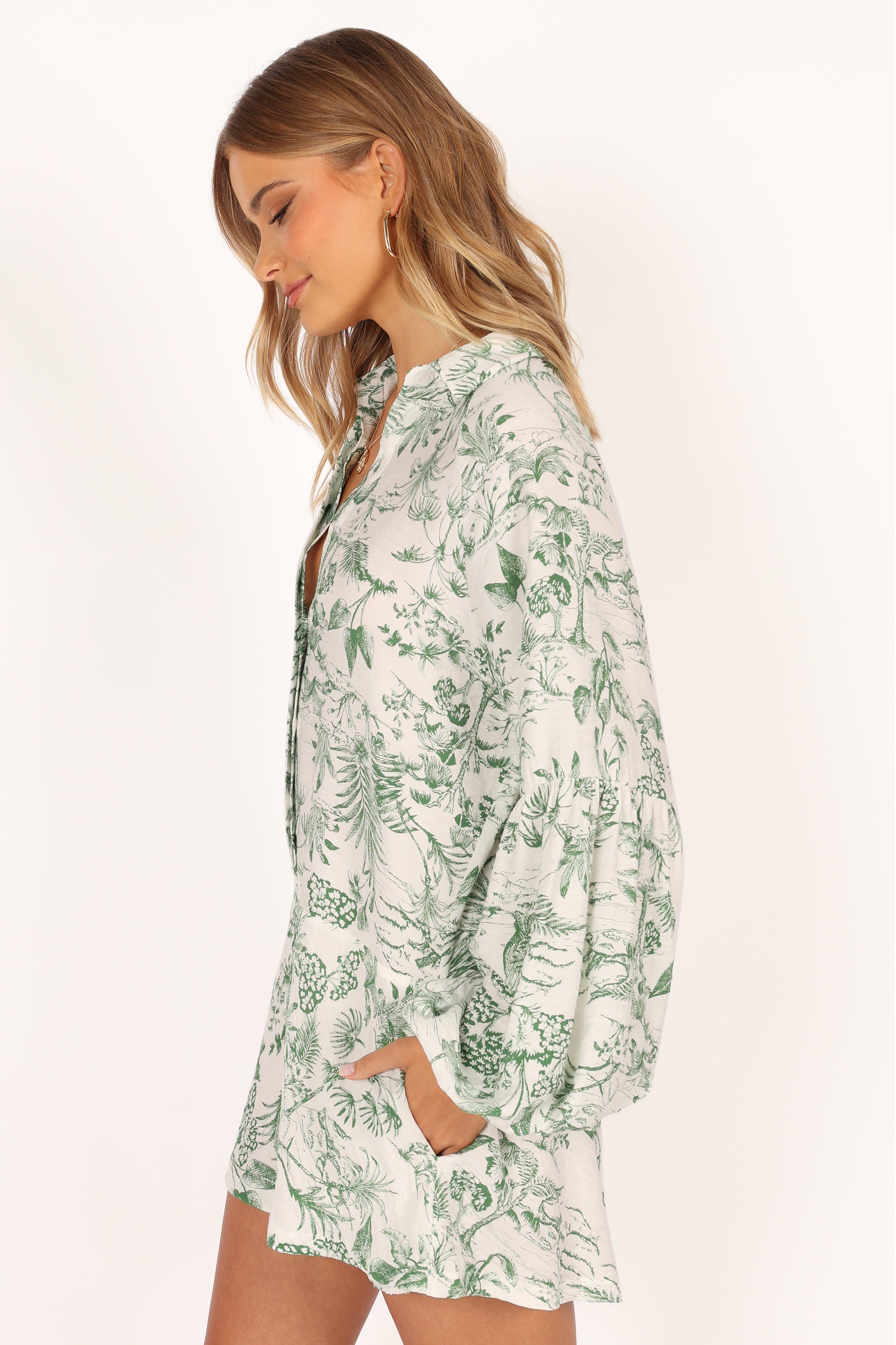 Green Botanical Print Elsa Romper Playsuit - Relaxed Fit Long Sleeve
