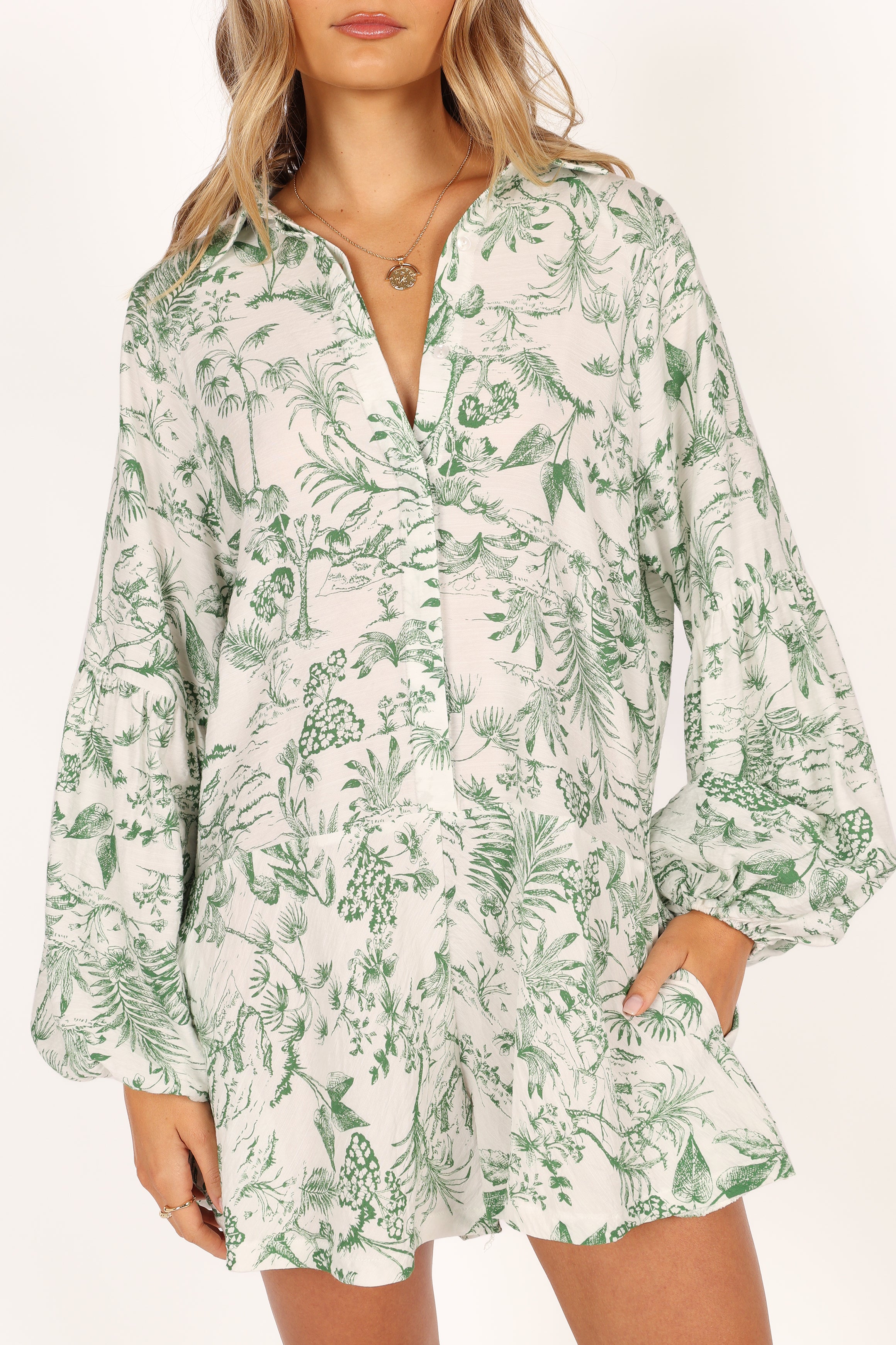 Green Botanical Print Elsa Romper Playsuit - Relaxed Fit Long Sleeve