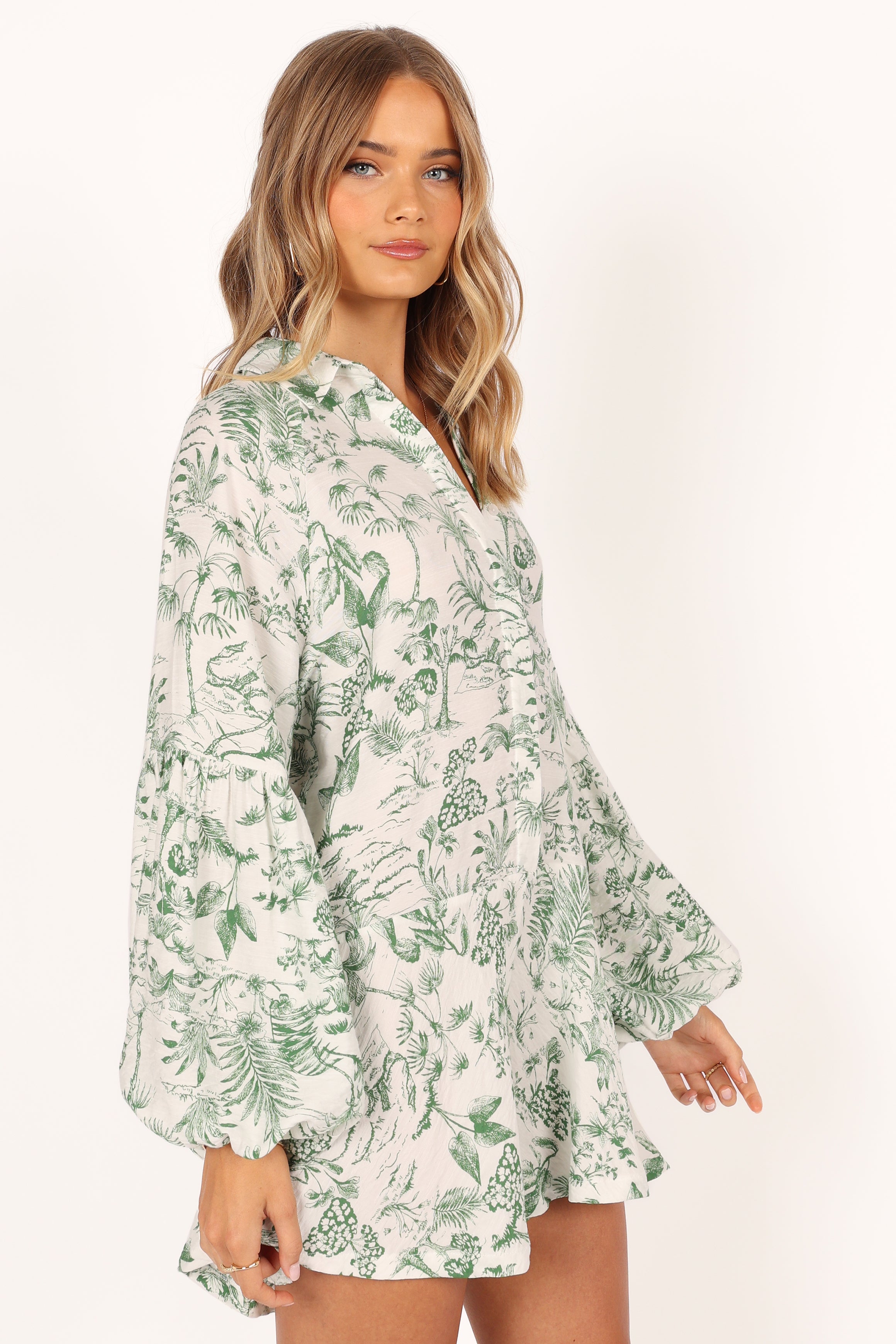 Green Botanical Print Elsa Romper Playsuit - Relaxed Fit Long Sleeve