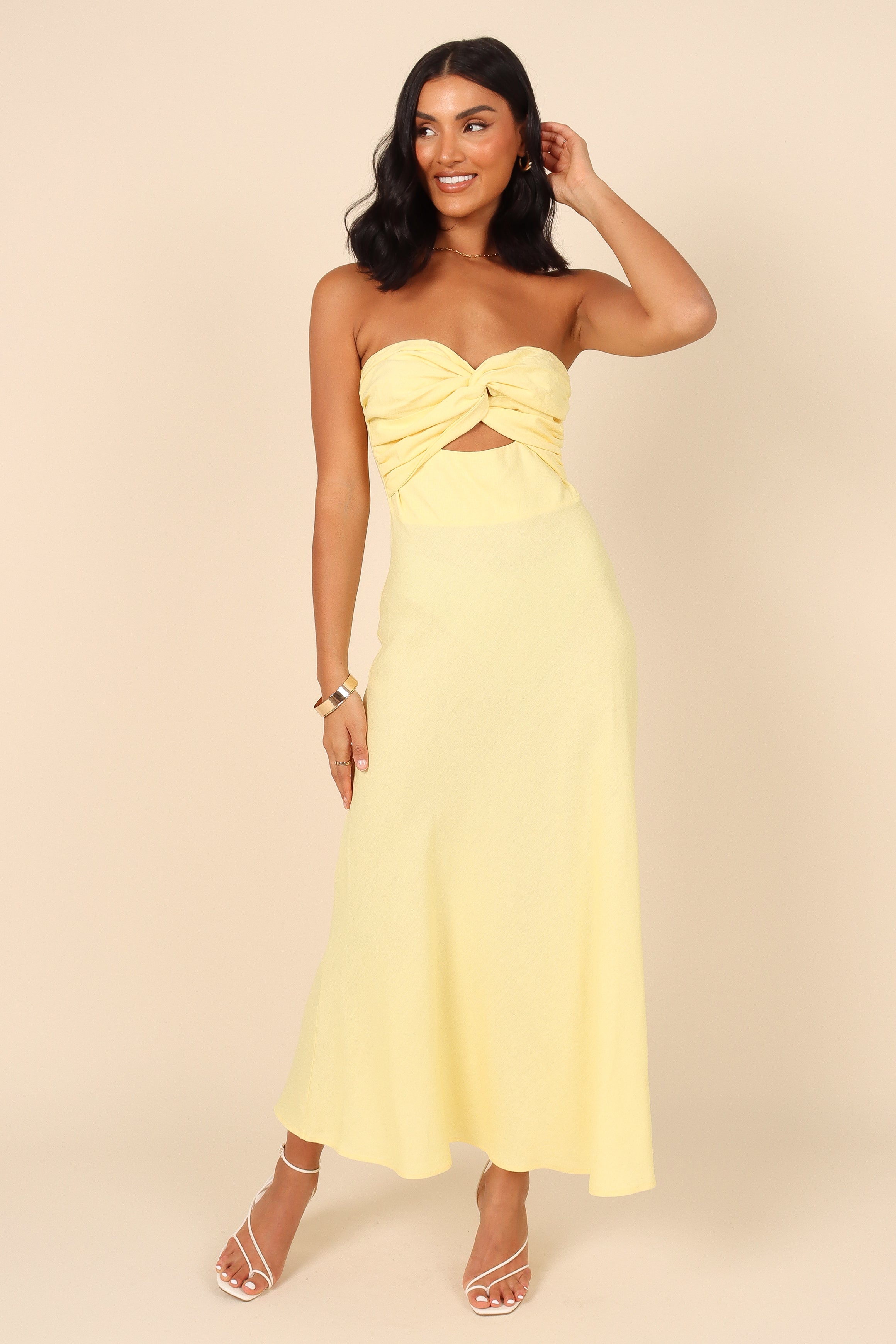 Lemon Strapless Sweetheart Midi Dress with Bust Knot Detail - Rosetta