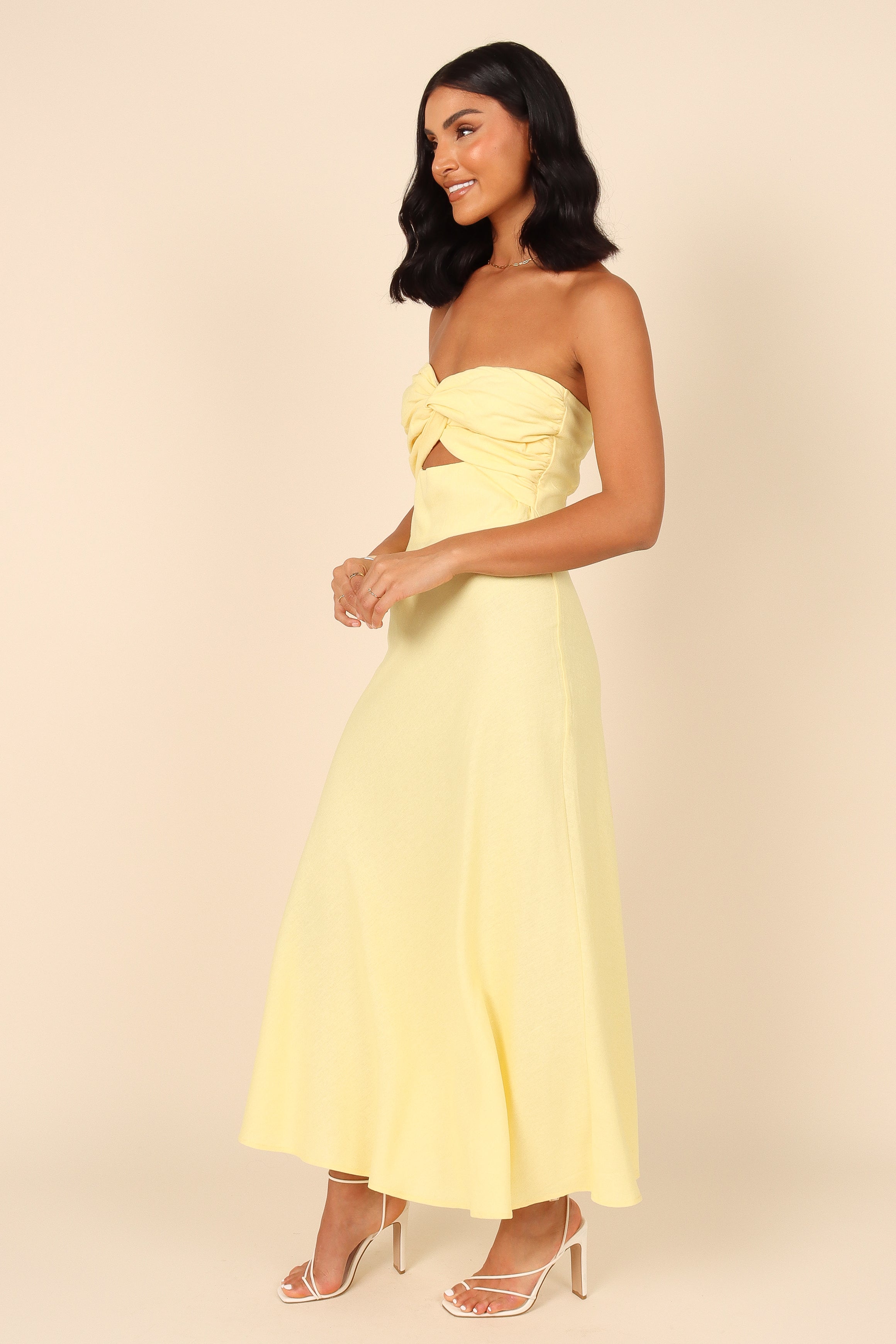Lemon Strapless Sweetheart Midi Dress with Bust Knot Detail - Rosetta