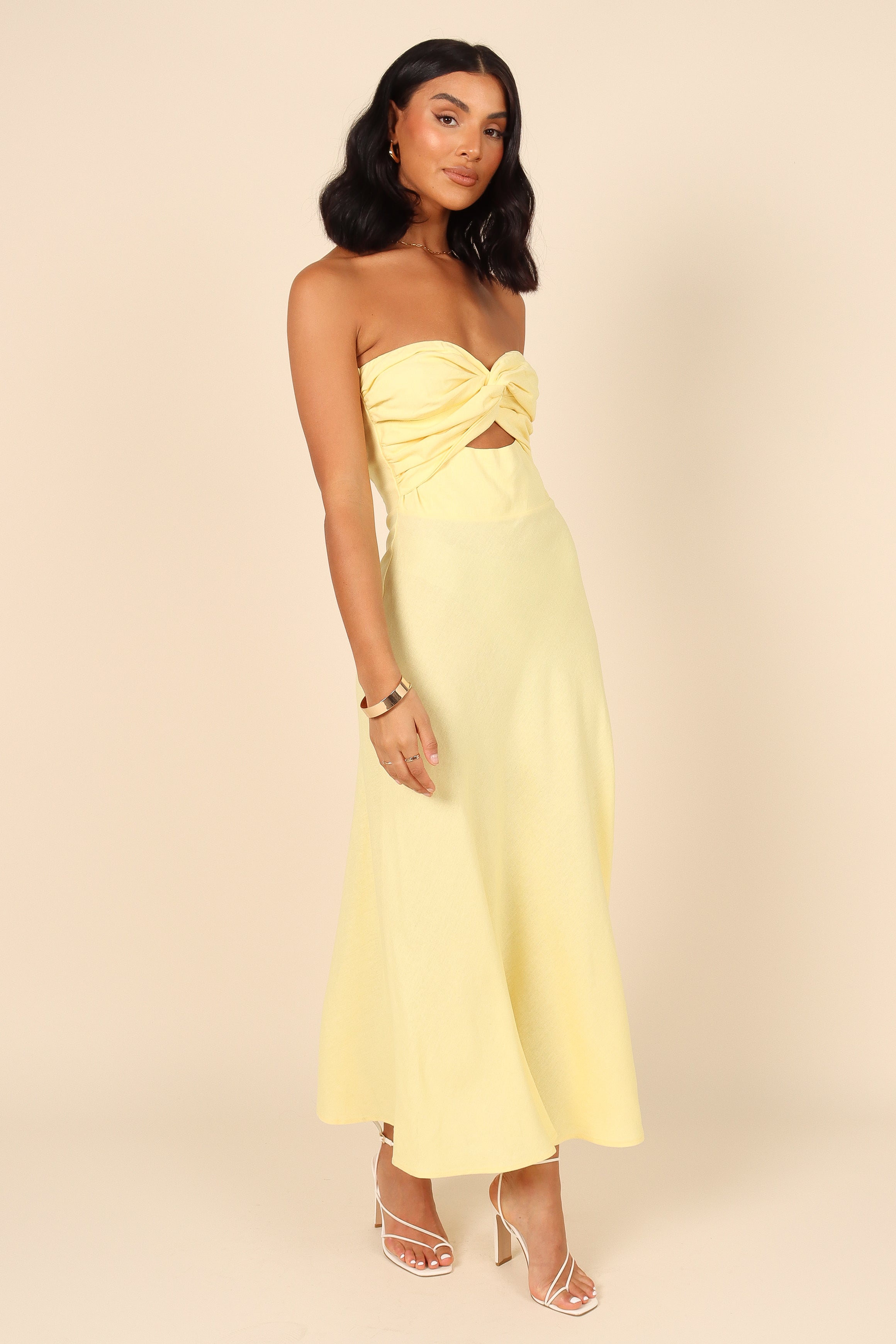 Lemon Strapless Sweetheart Midi Dress with Bust Knot Detail - Rosetta