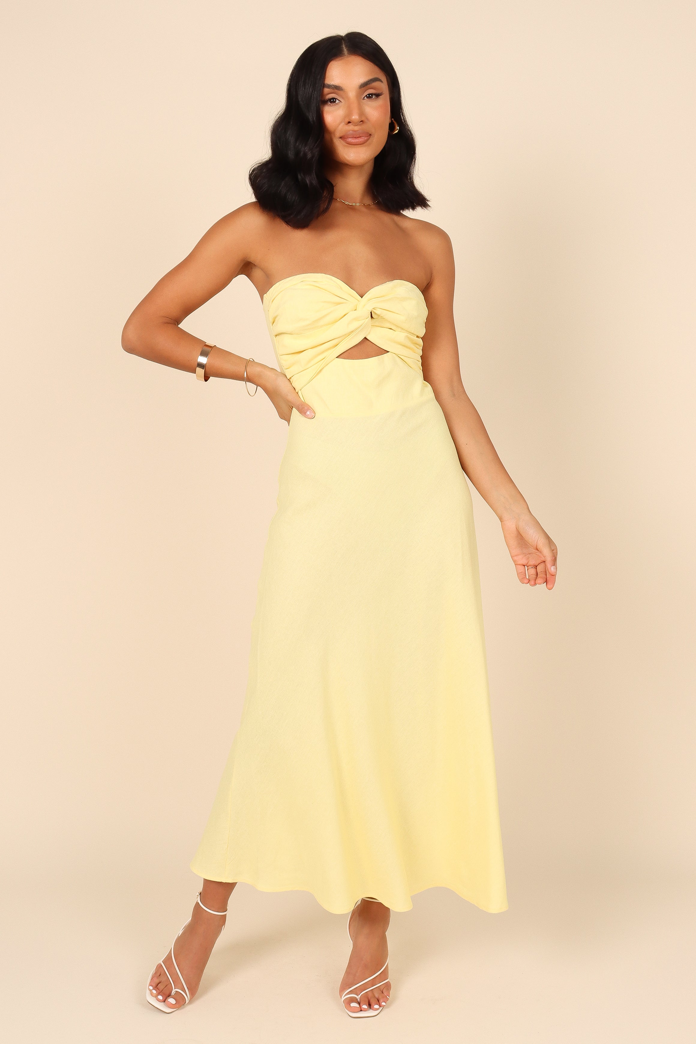 Lemon Strapless Sweetheart Midi Dress with Bust Knot Detail - Rosetta
