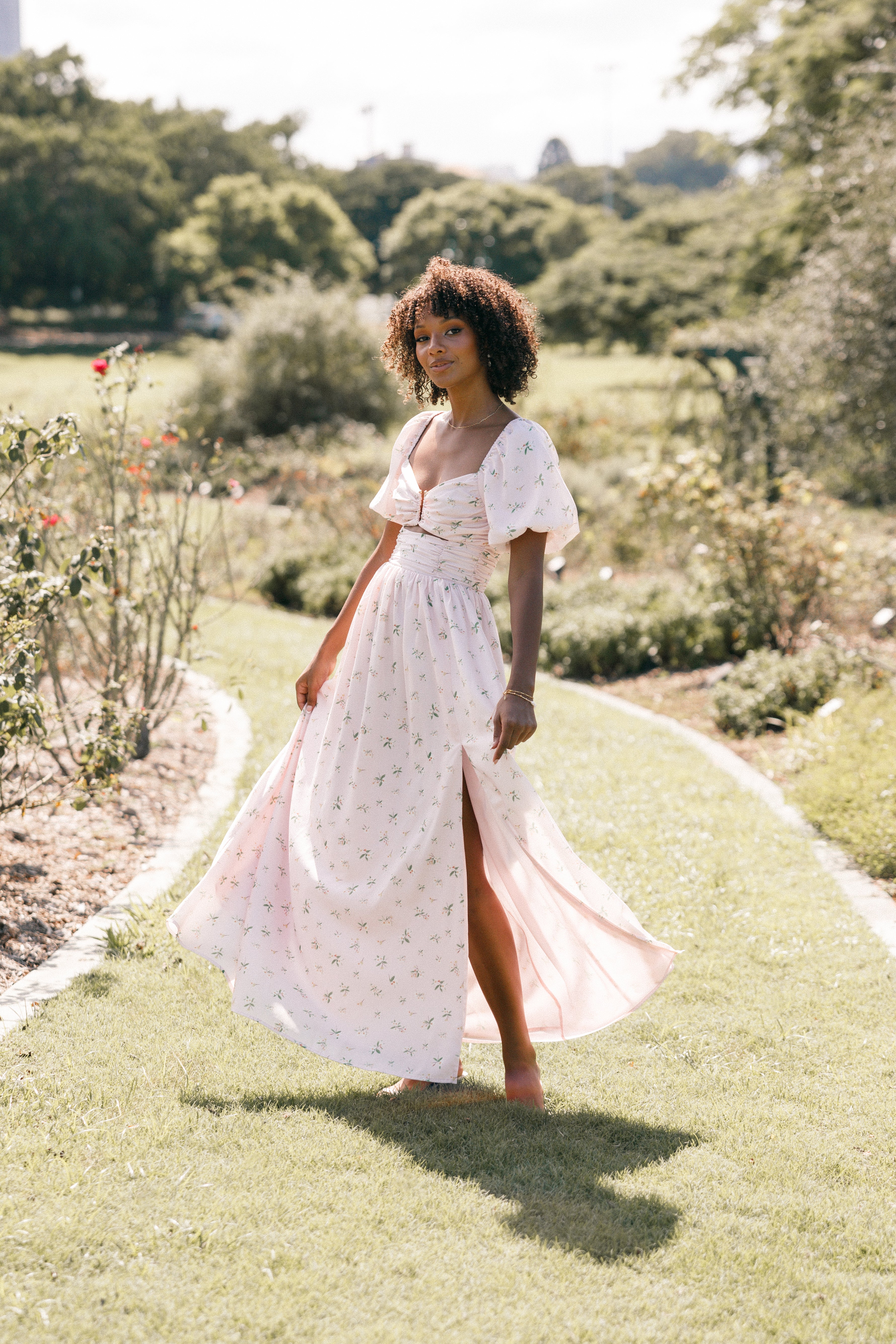Chloe Puff Sleeve V-Neck Maxi Dress with Bust Cut Out