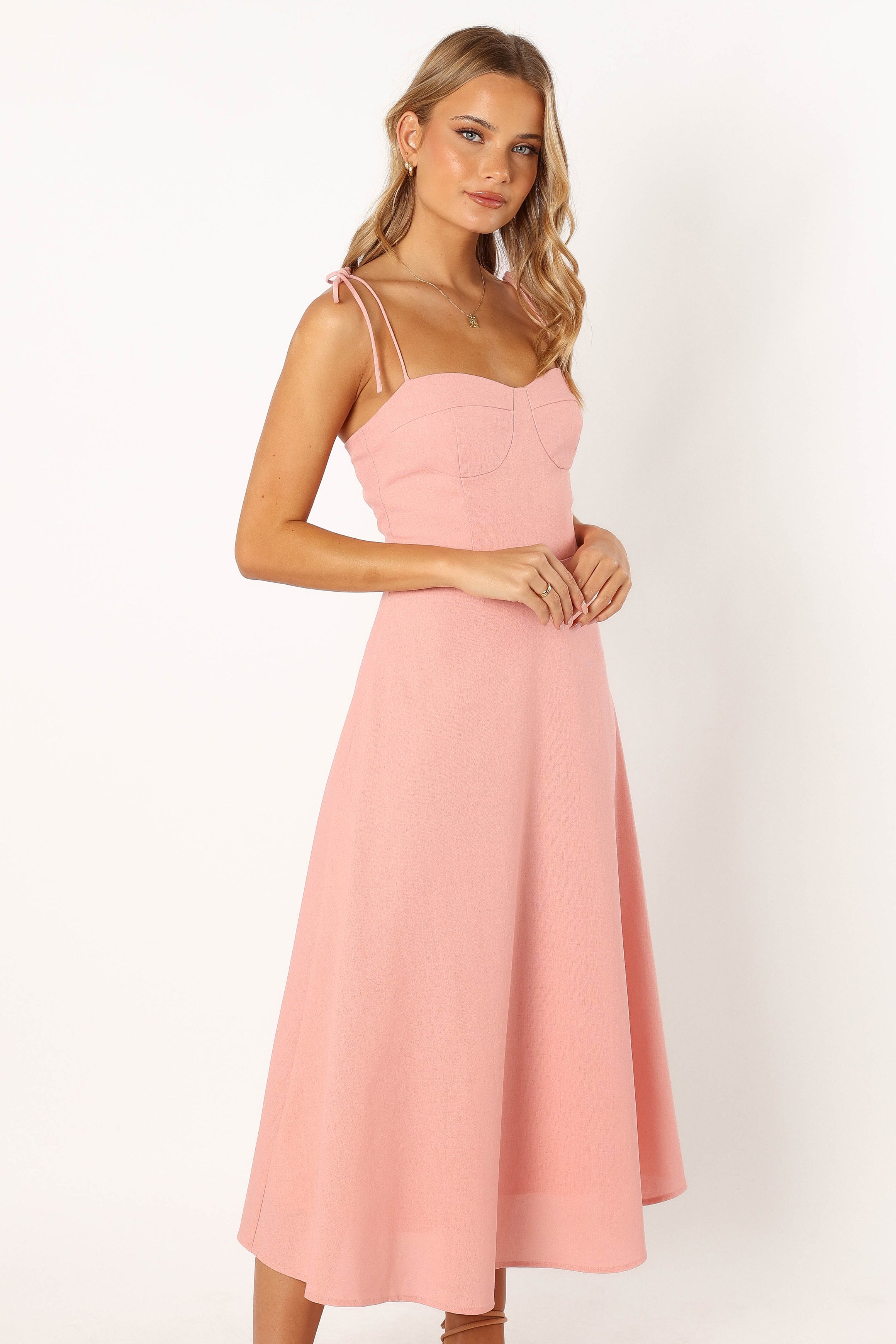 Soft Rose Remi Midi Dress with Square Neckline & A-Line Skirt
