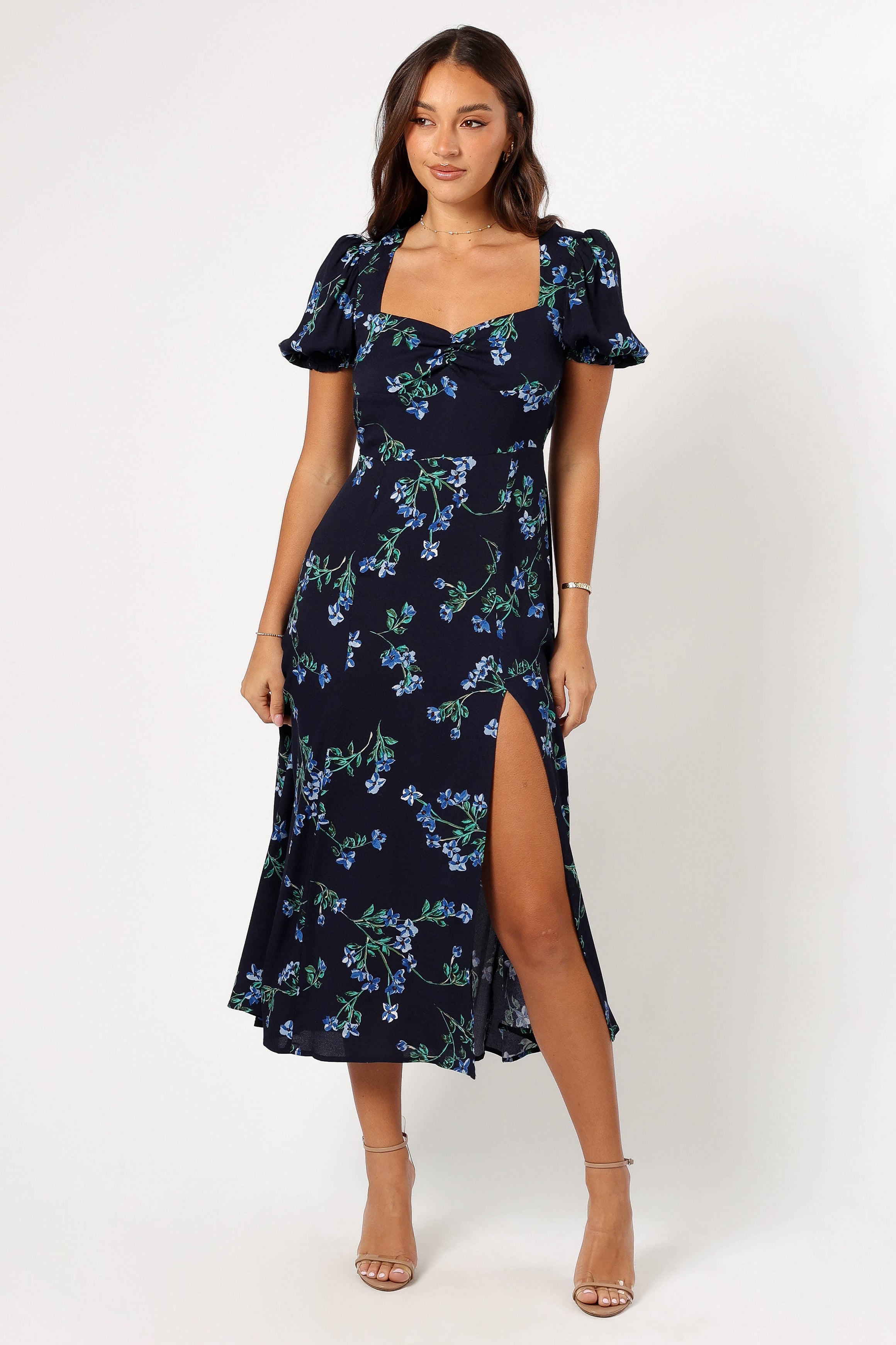 Hendrix Floral Midi Dress with Sweetheart Neckline & Front Split