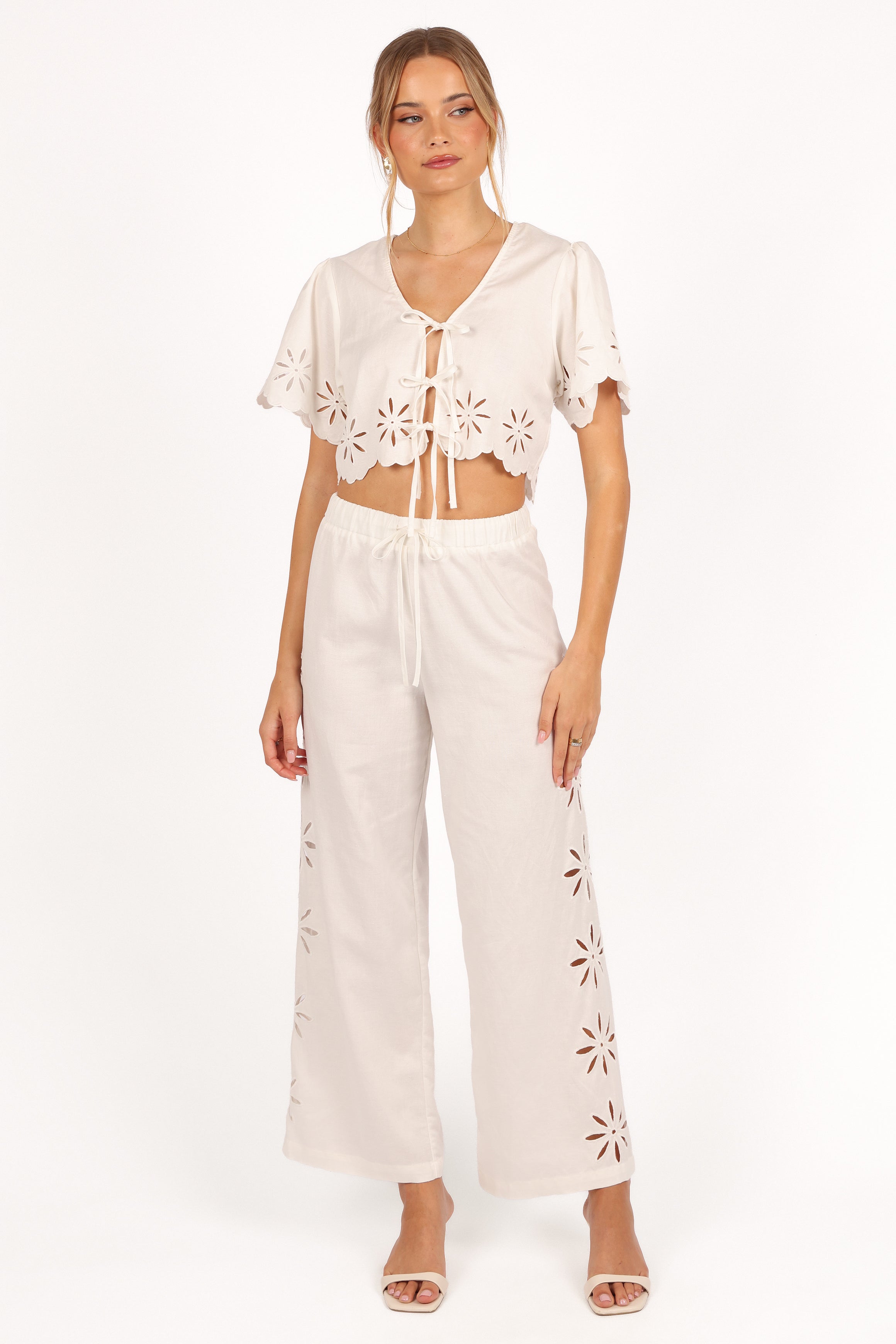 Chloe White Linen Two Piece Set with Floral Detail