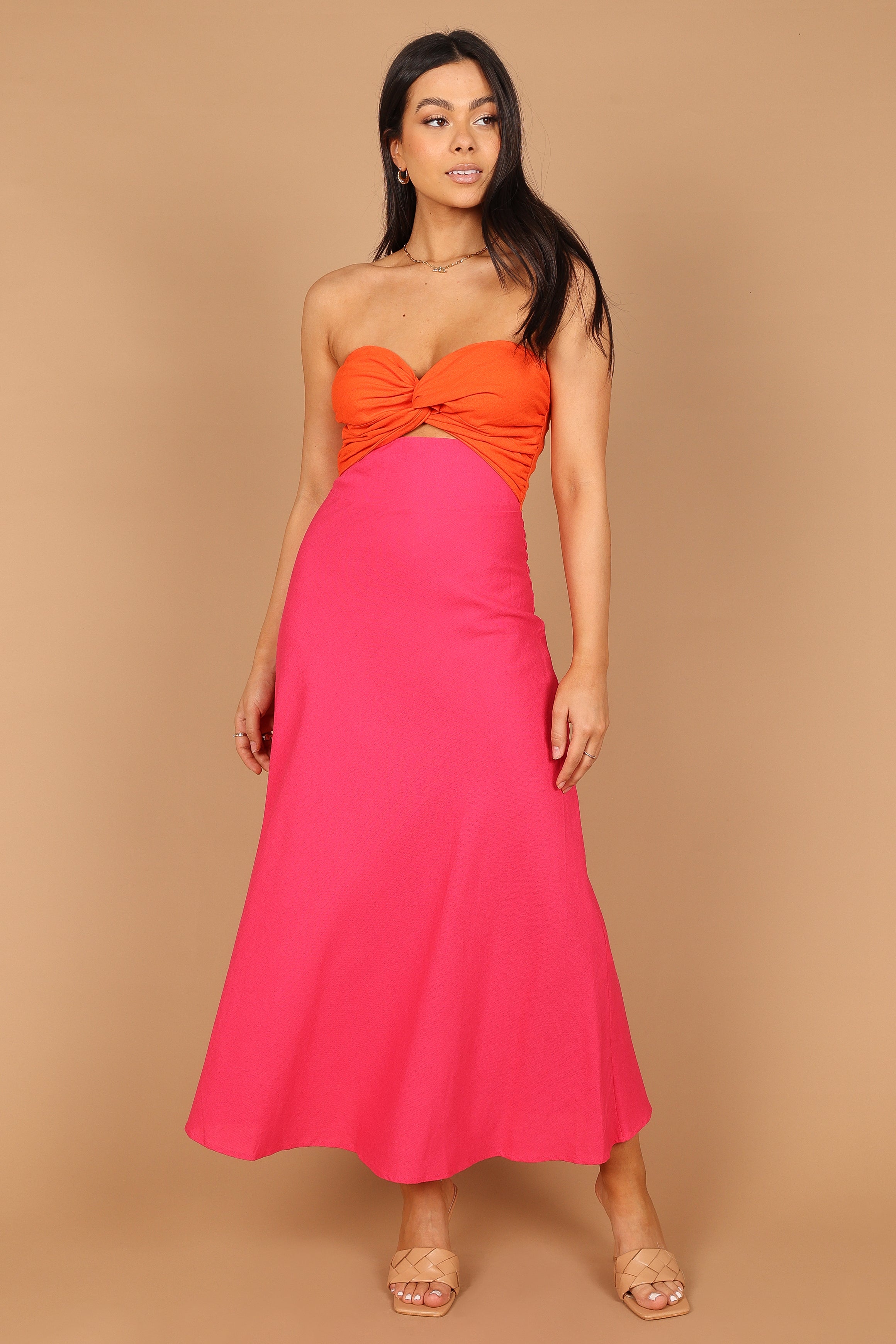 Rosetta Strapless Sweetheart Midi Dress - Fuchsia & Orange Linen Blend