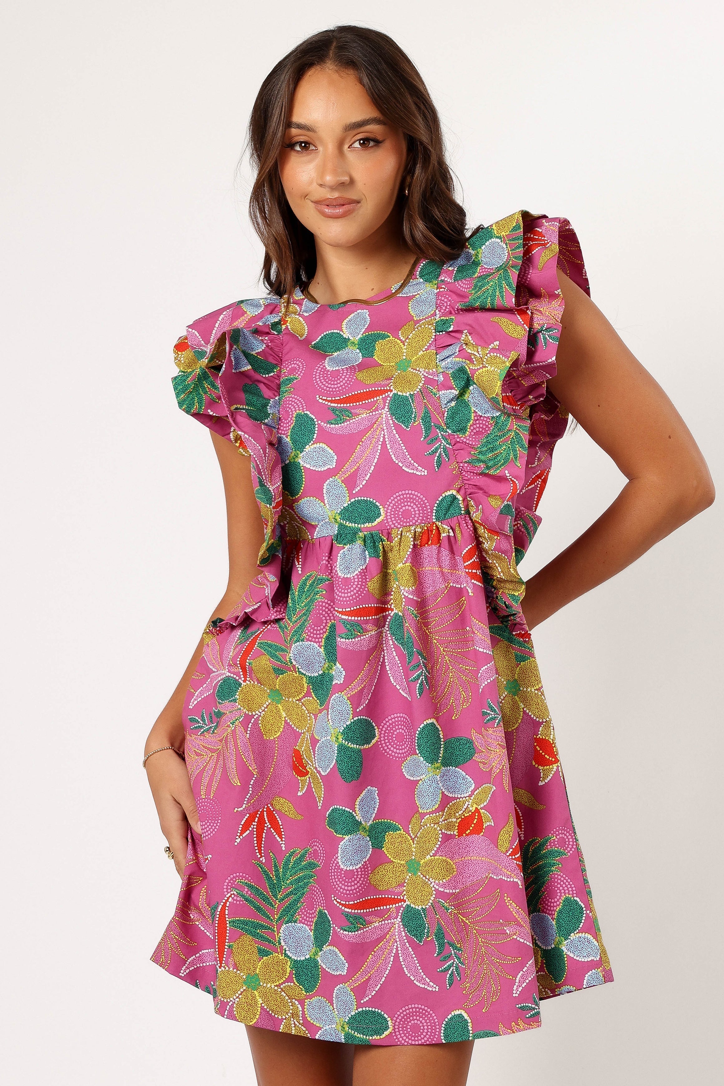 Floral Ruffle Mini Dress - Odin Cotton Dress with Pockets