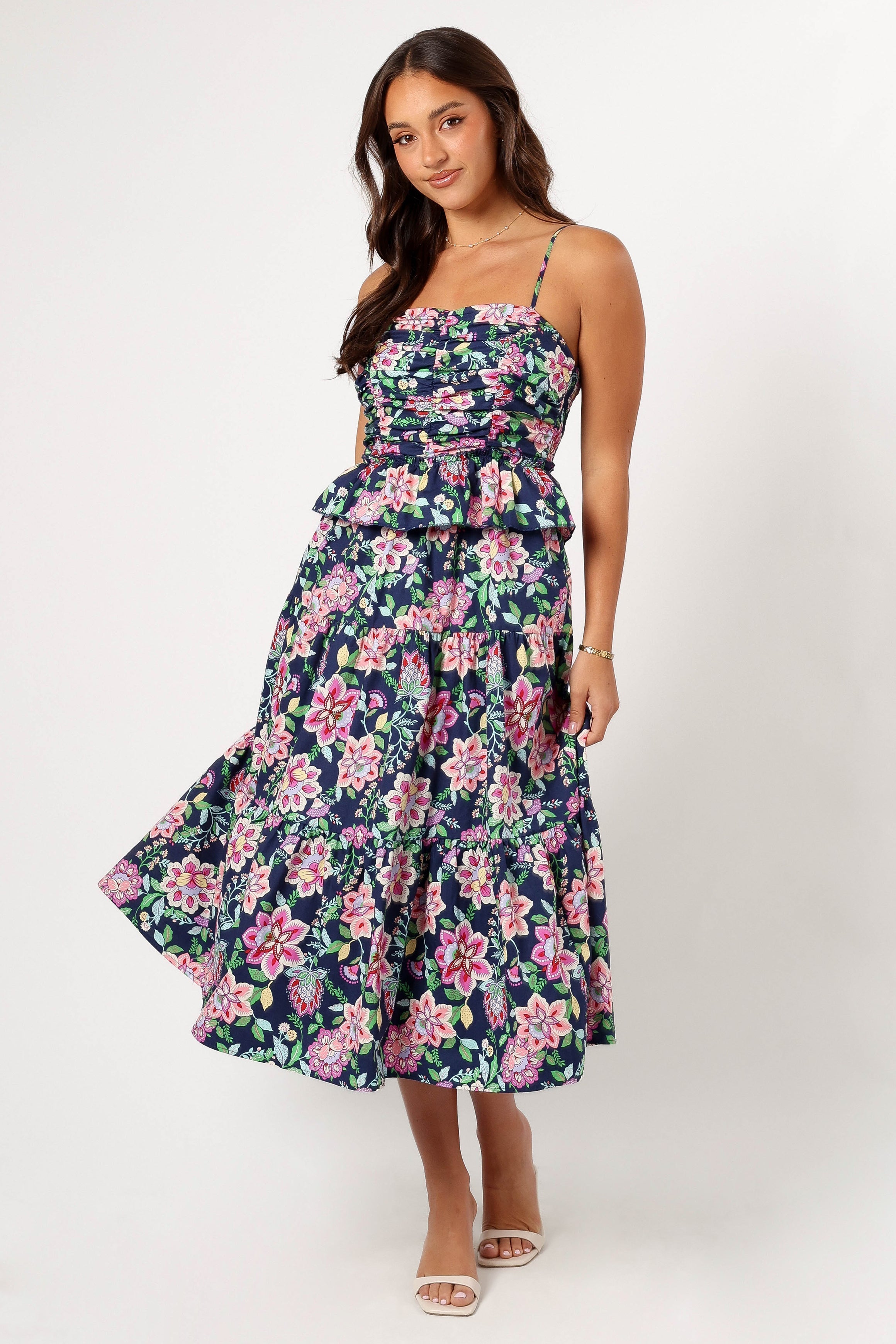 Arlo Floral Print Midi Dress with Pockets - Navy Cotton