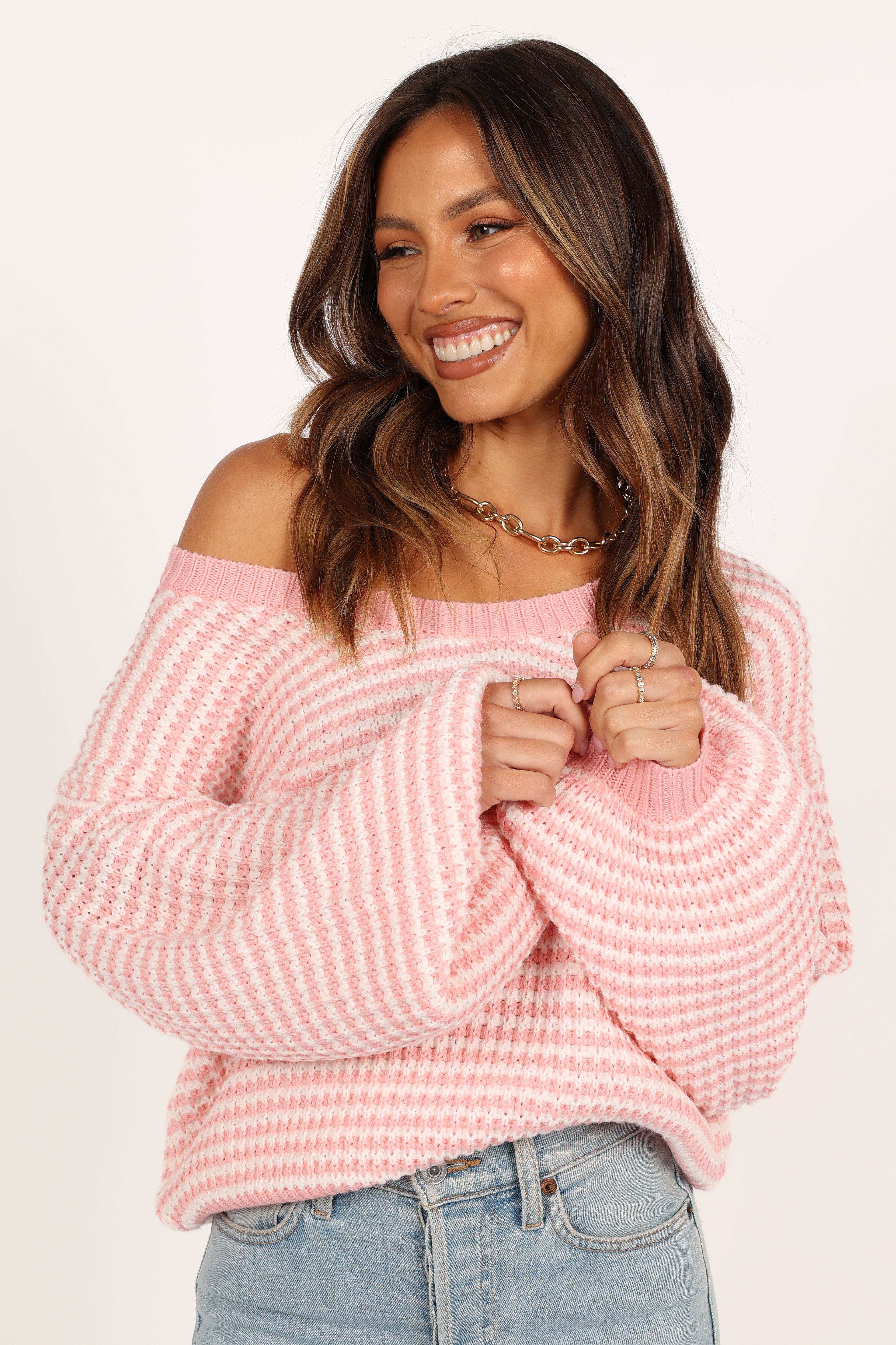 Becca Pink Striped Waffle Knit Sweater - Crewneck & Relaxed Fit