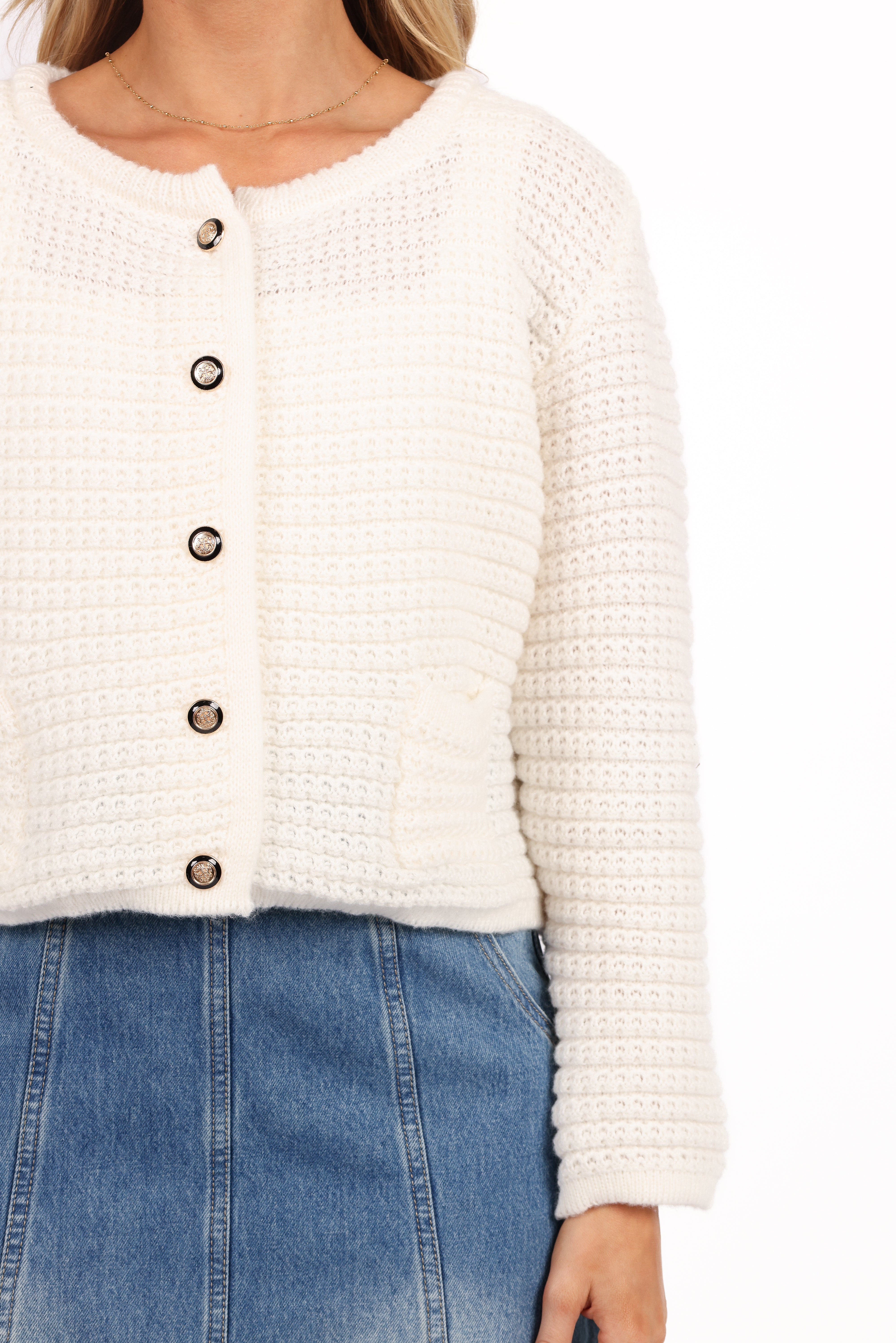 White Cropped Button Front Cardigan - Decket Knit Sweater