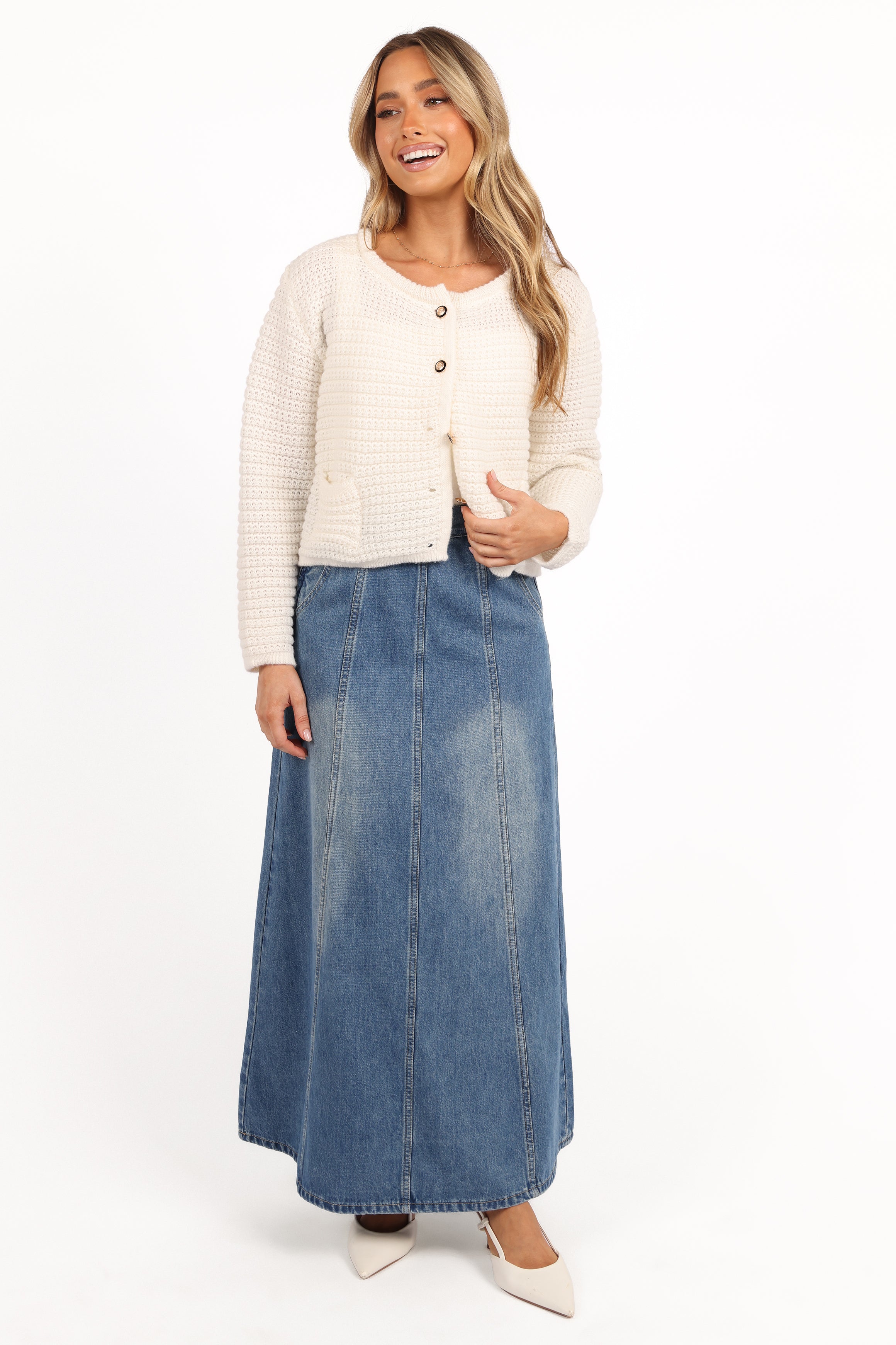 White Cropped Button Front Cardigan - Decket Knit Sweater