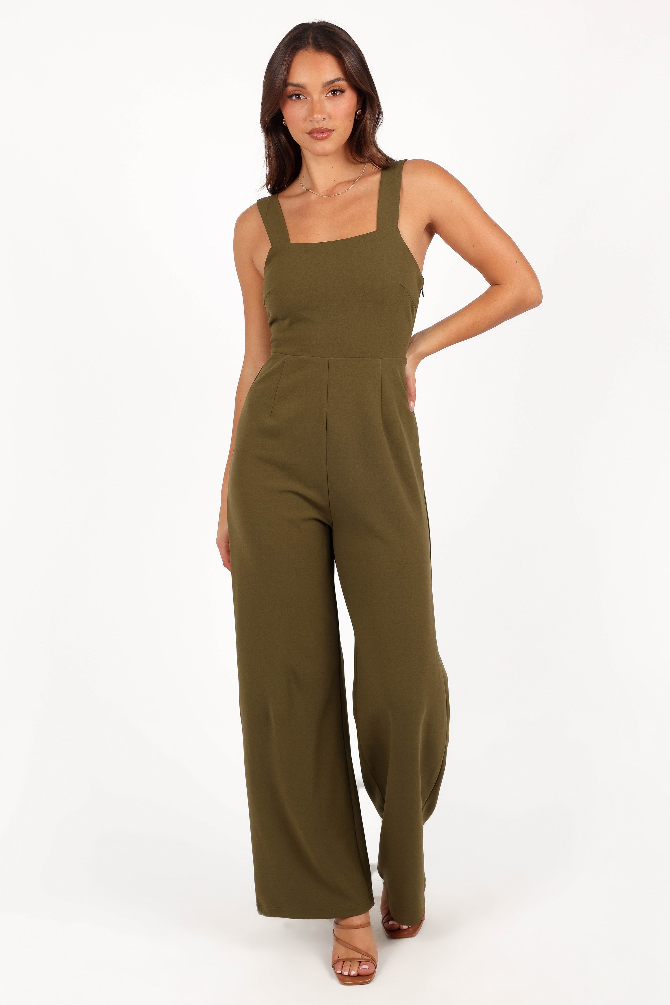 Women's Olive Jumpsuit with Wide Legs & Straps – Hyatt
