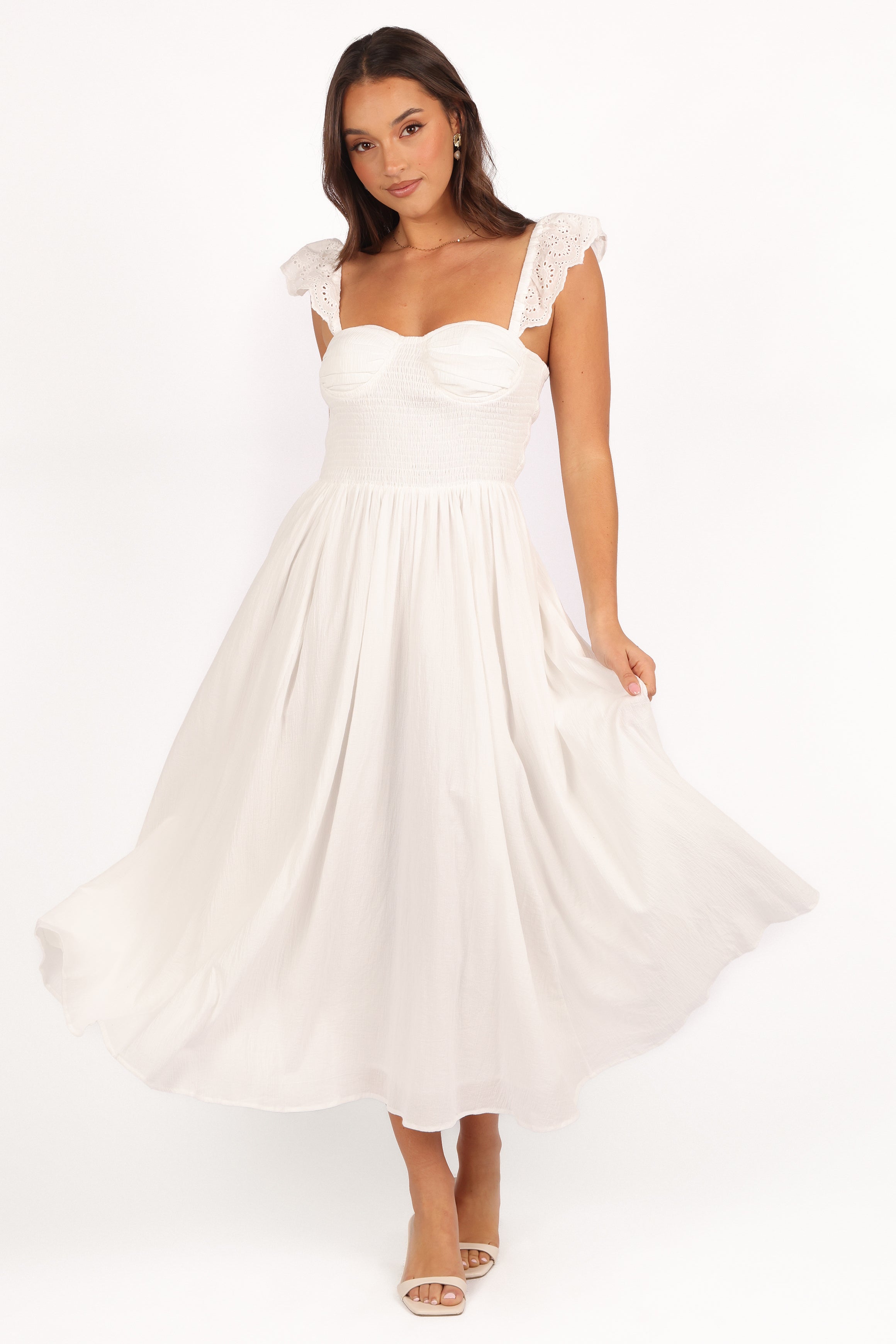 Webster Shirred Midi Dress - Off White A-Line Summer Dress
