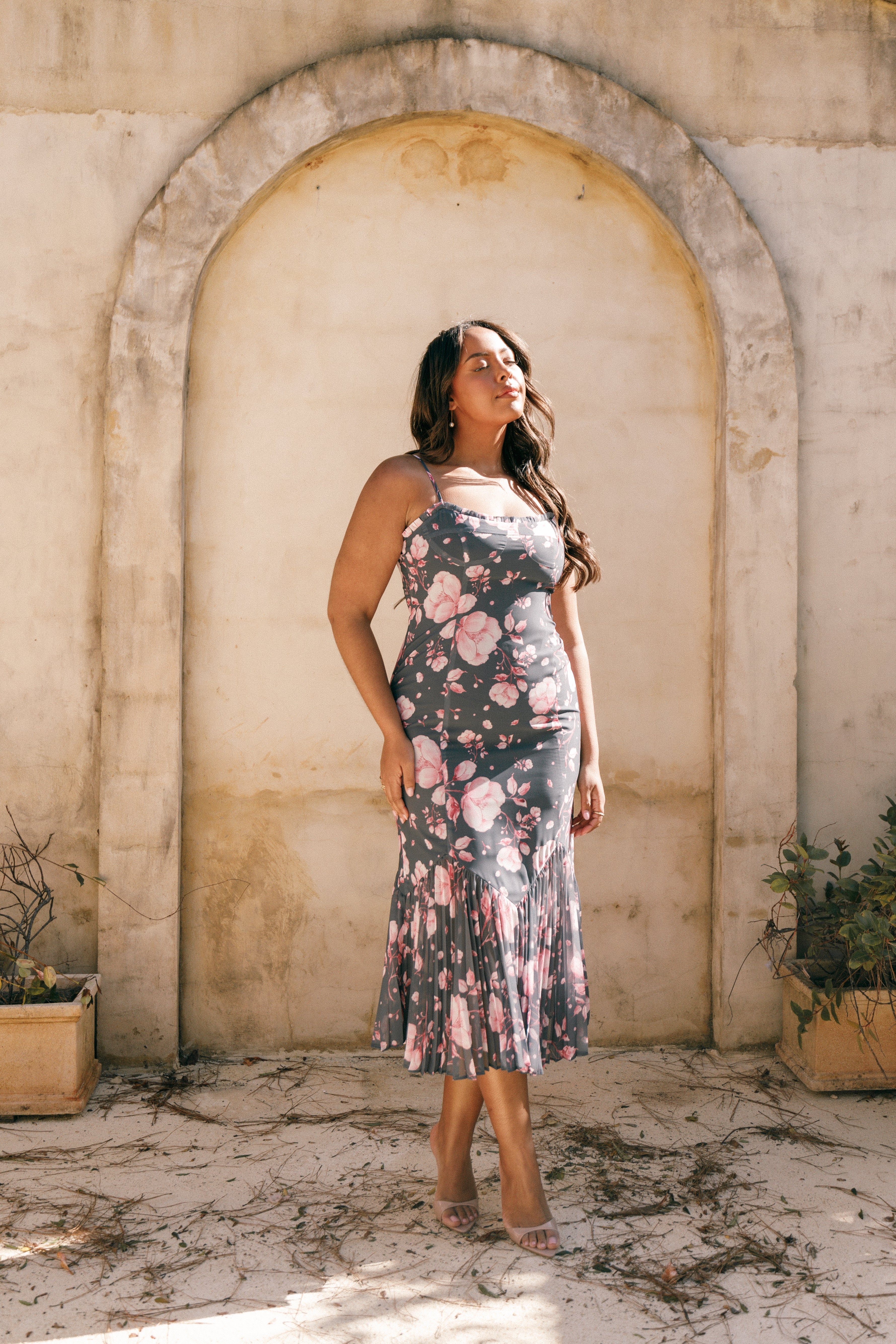 Steel Gray Floral Midi Dress with Sweetheart Neckline