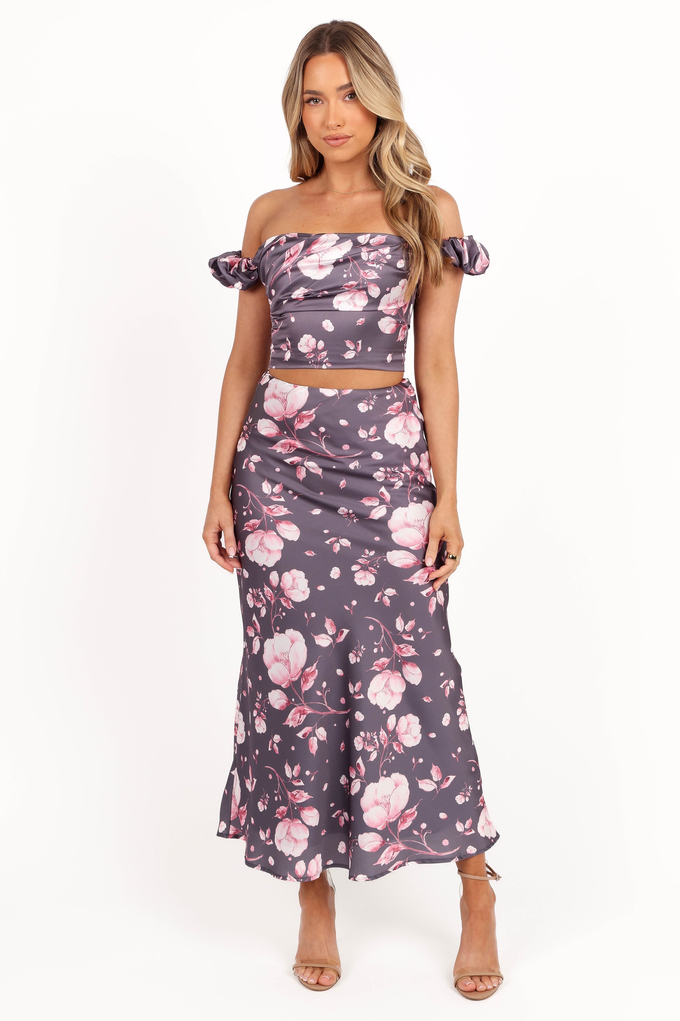 Steel Grey Floral Two Piece Set - Arabella Crop Top & Maxi Skirt