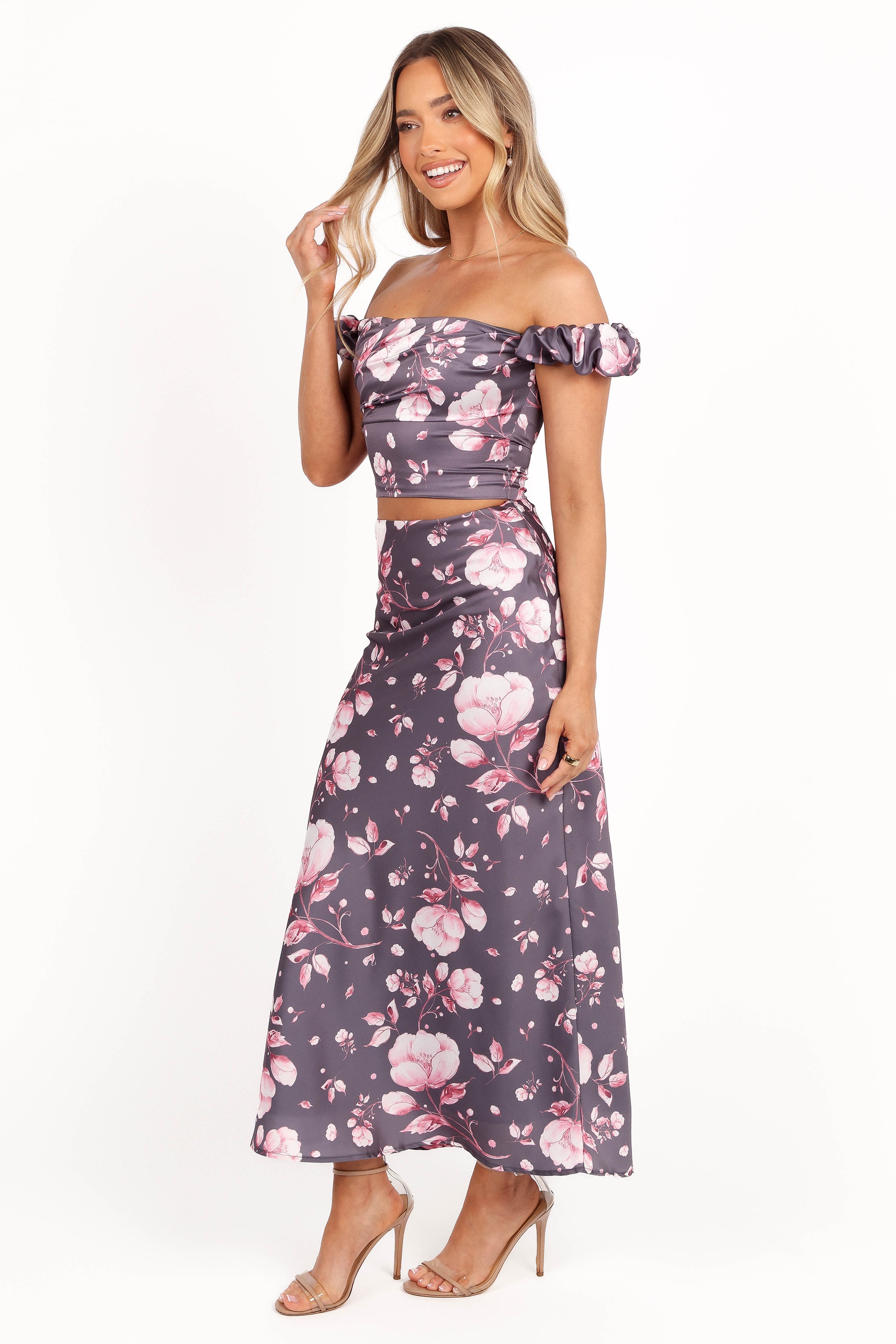 Steel Grey Floral Two Piece Set - Arabella Crop Top & Maxi Skirt
