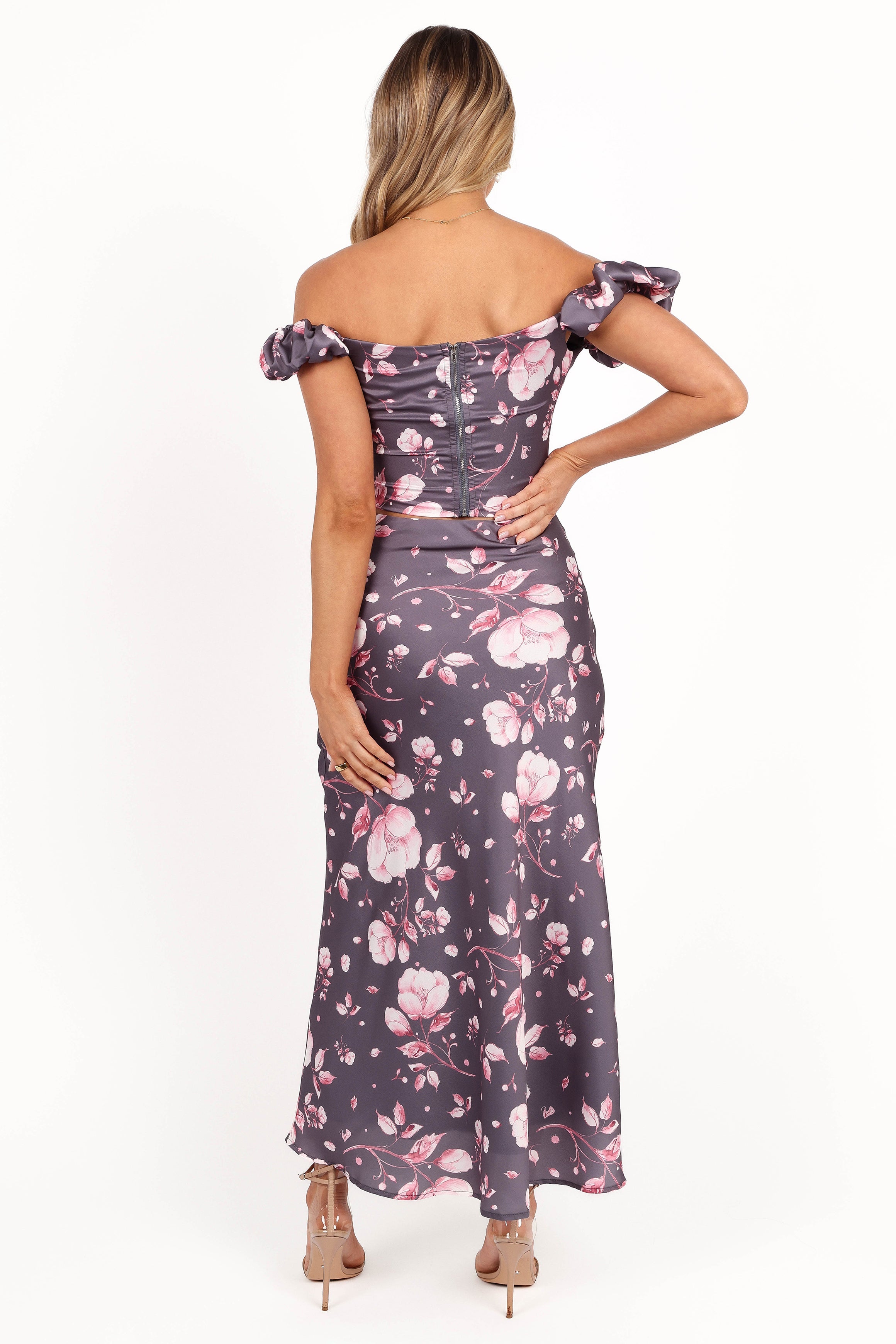 Steel Grey Floral Two Piece Set - Arabella Crop Top & Maxi Skirt