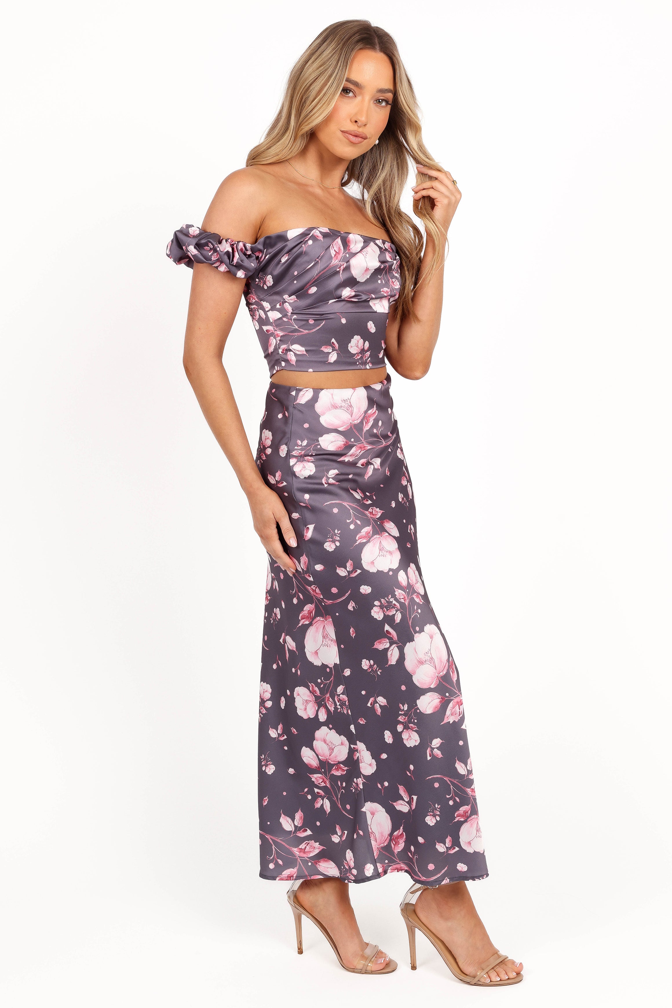 Steel Grey Floral Two Piece Set - Arabella Crop Top & Maxi Skirt