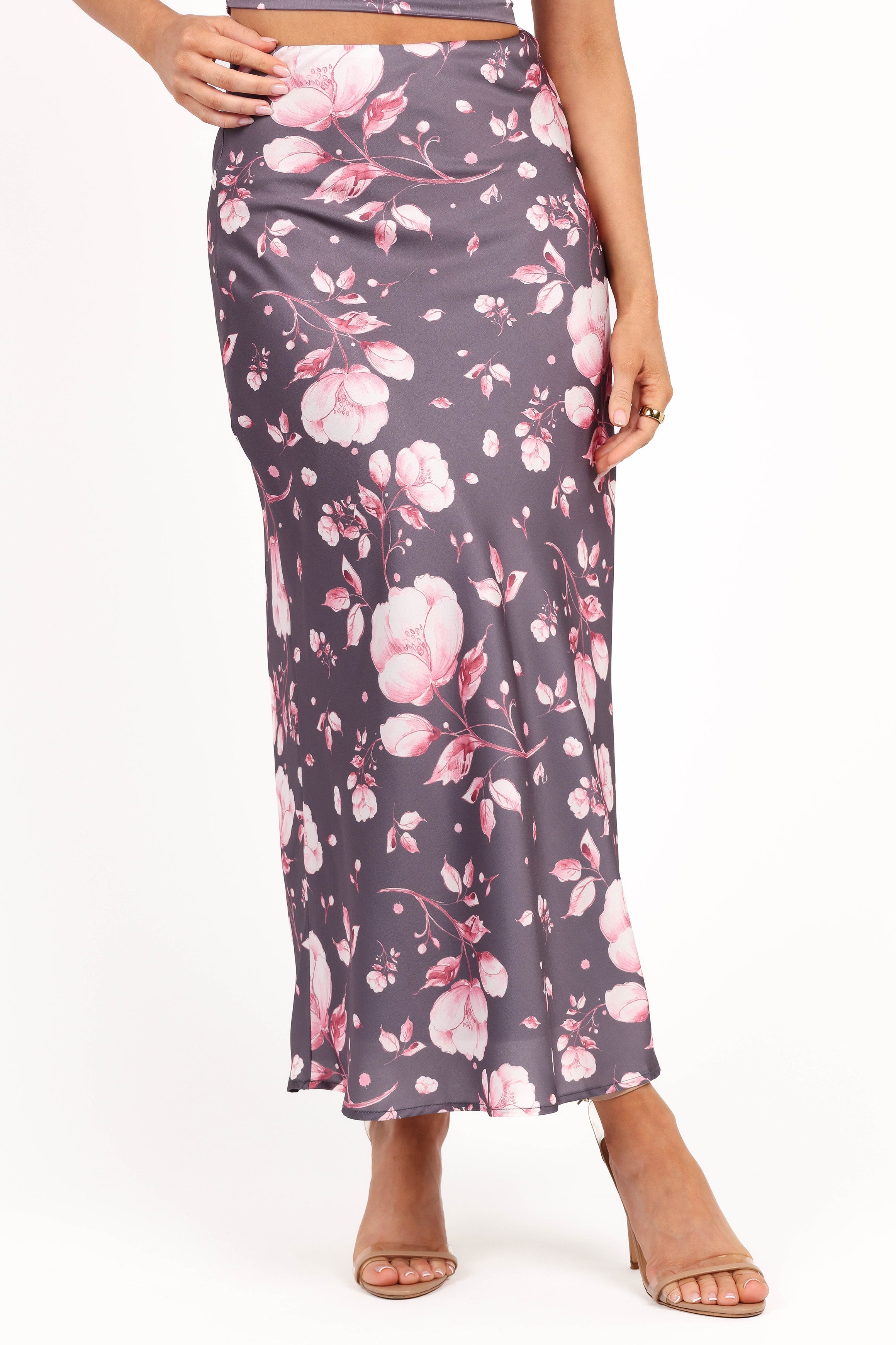 Steel Grey Floral Two Piece Set - Arabella Crop Top & Maxi Skirt