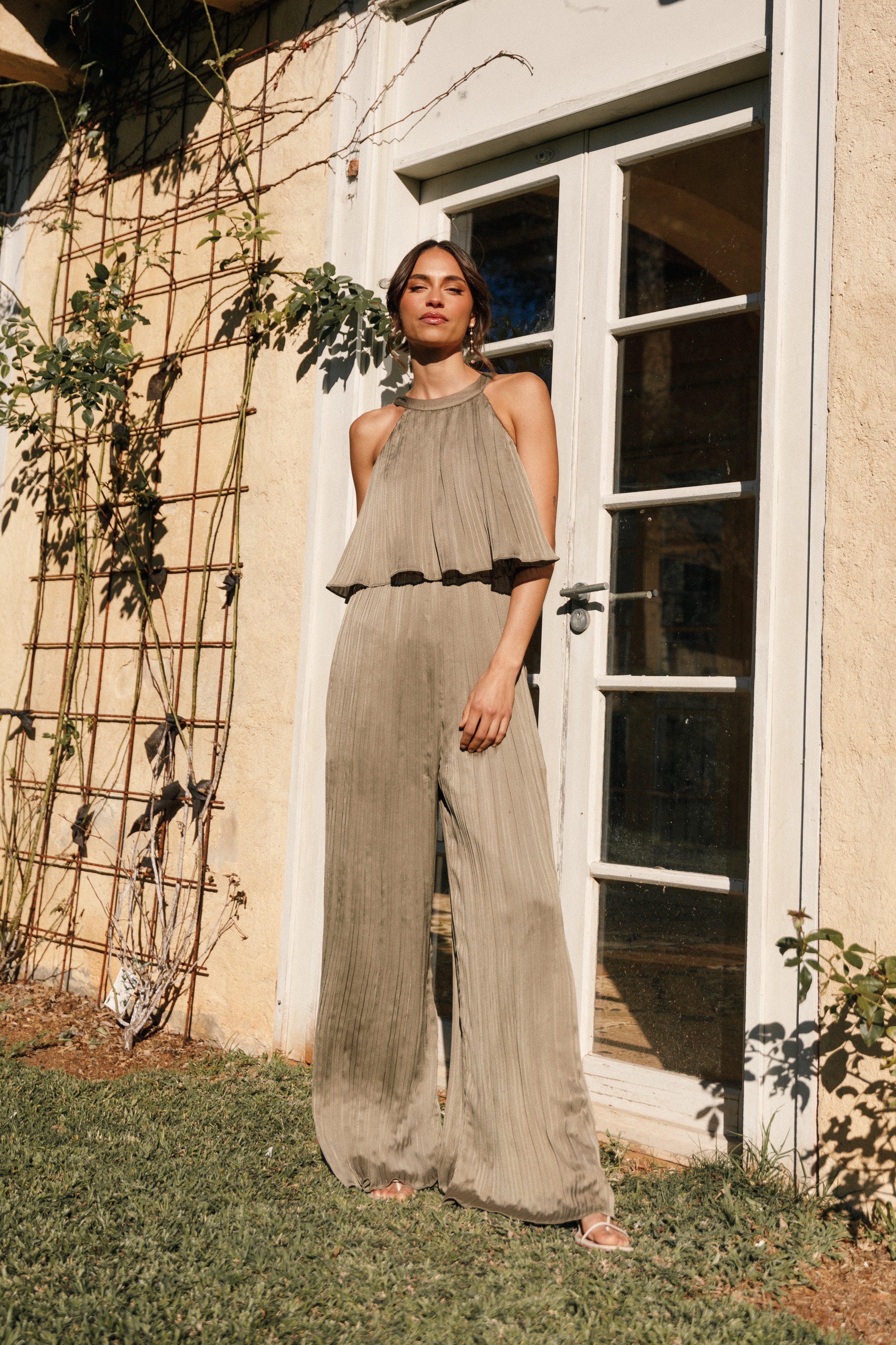 Olive Halter Neck Jumpsuit with Pockets - Alina