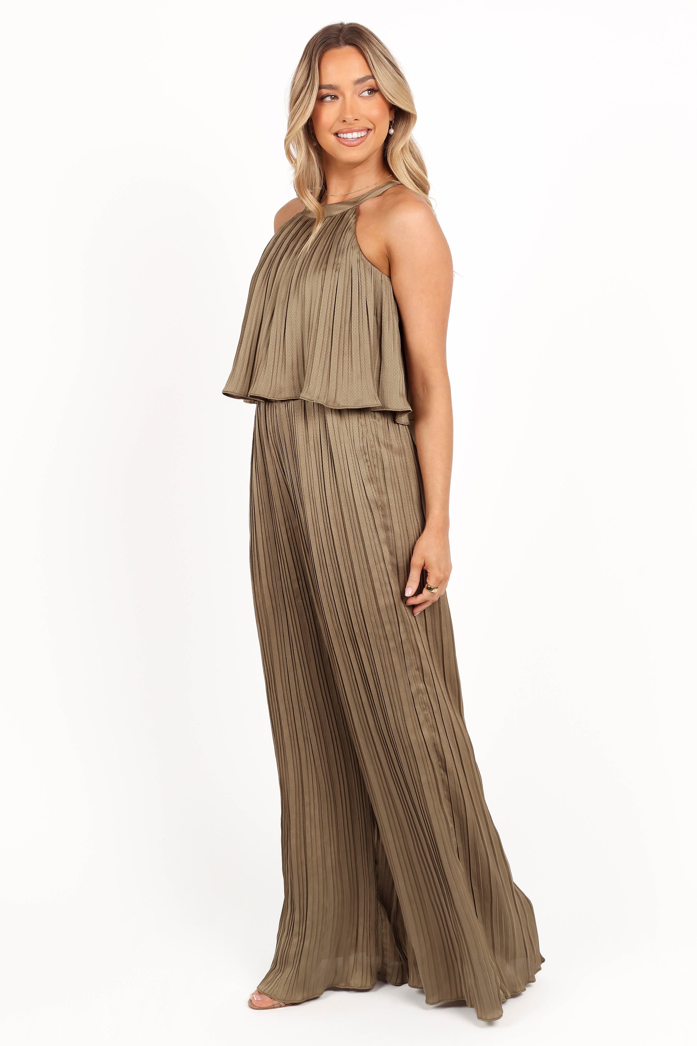 Olive Halter Neck Jumpsuit with Pockets - Alina