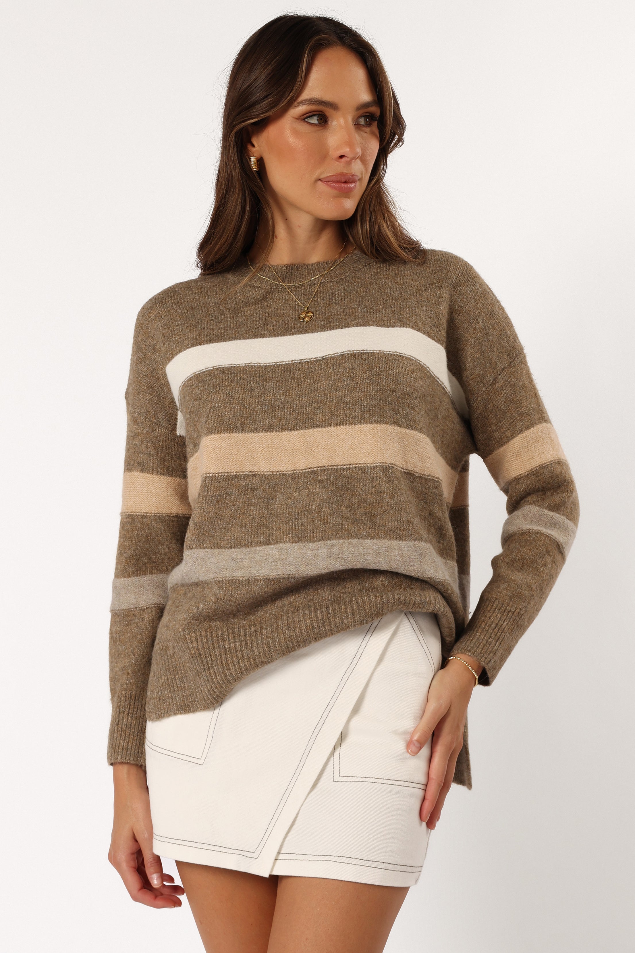 Brown Striped Knit Sweater - Esther Wool Blend Long Sleeve Top