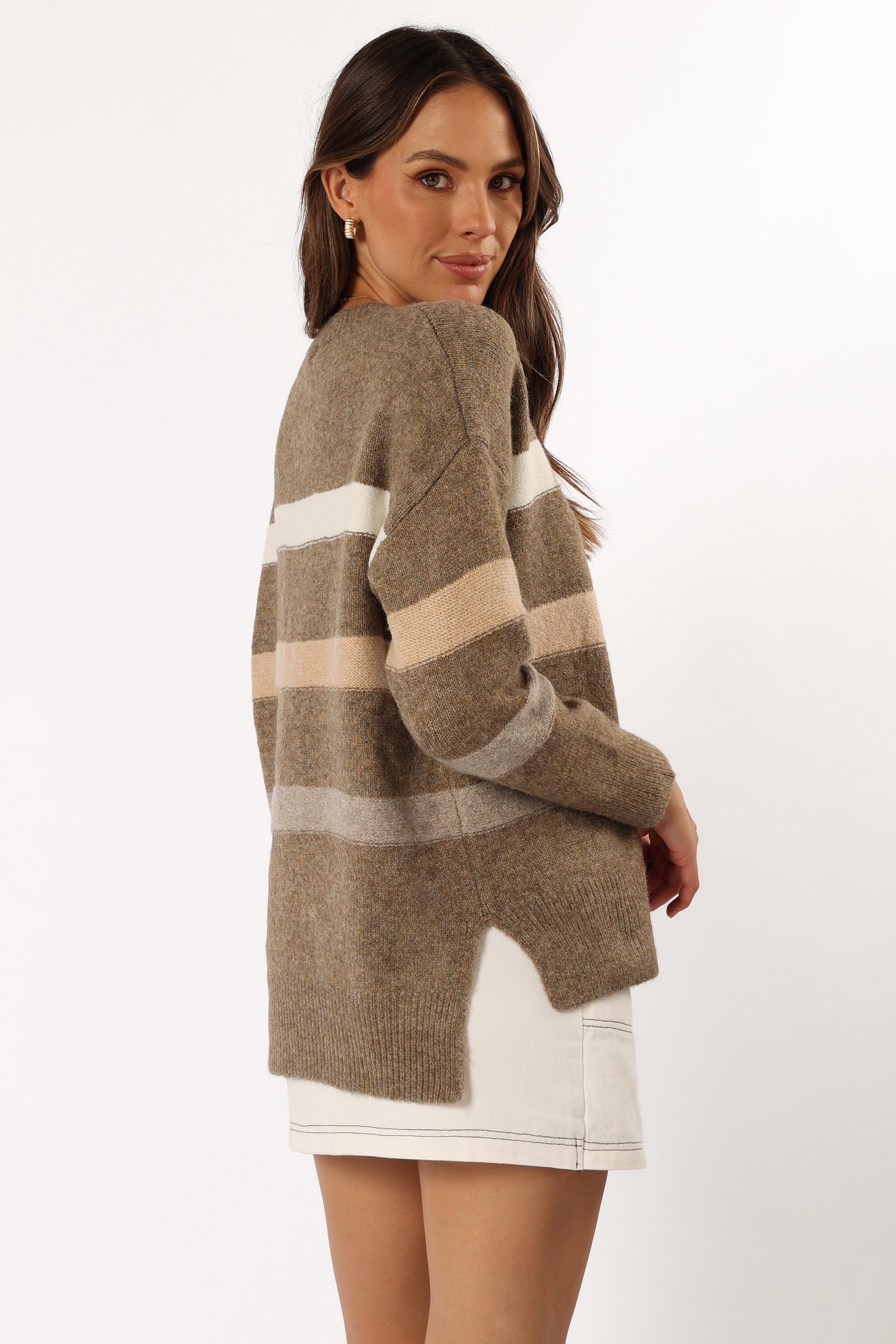 Brown Striped Knit Sweater - Esther Wool Blend Long Sleeve Top