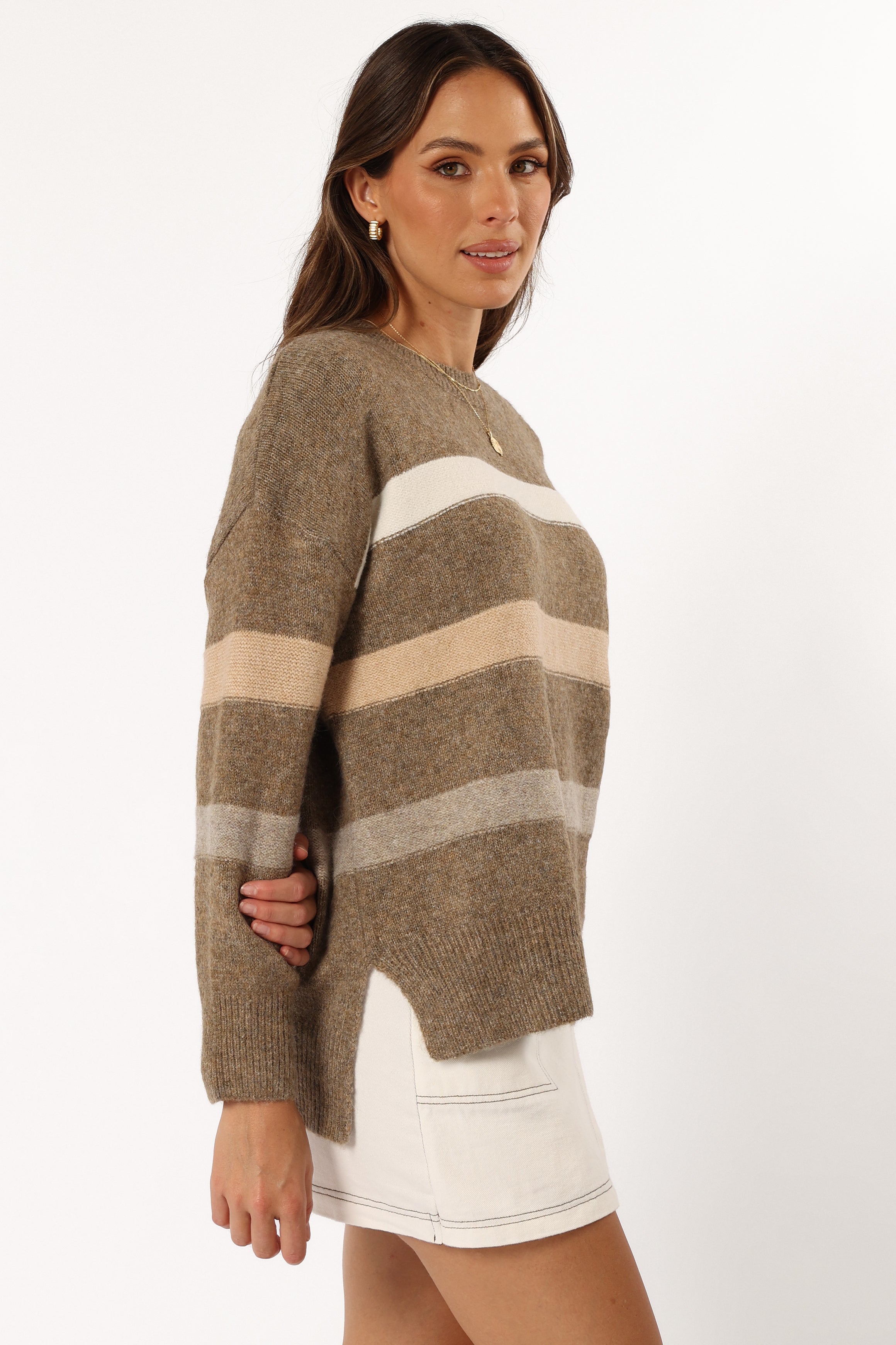 Brown Striped Knit Sweater - Esther Wool Blend Long Sleeve Top