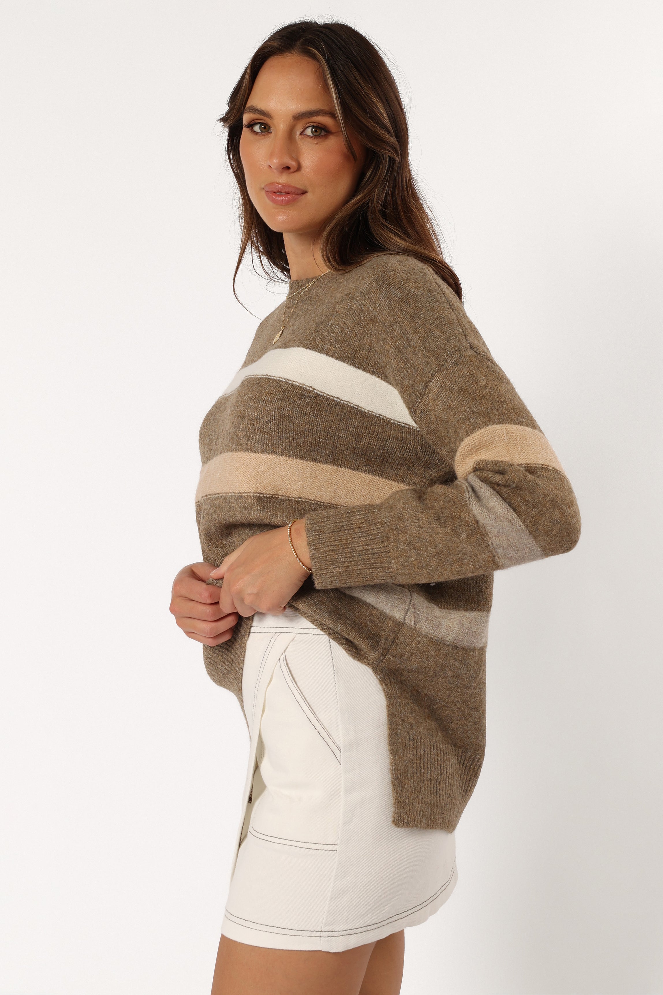 Brown Striped Knit Sweater - Esther Wool Blend Long Sleeve Top