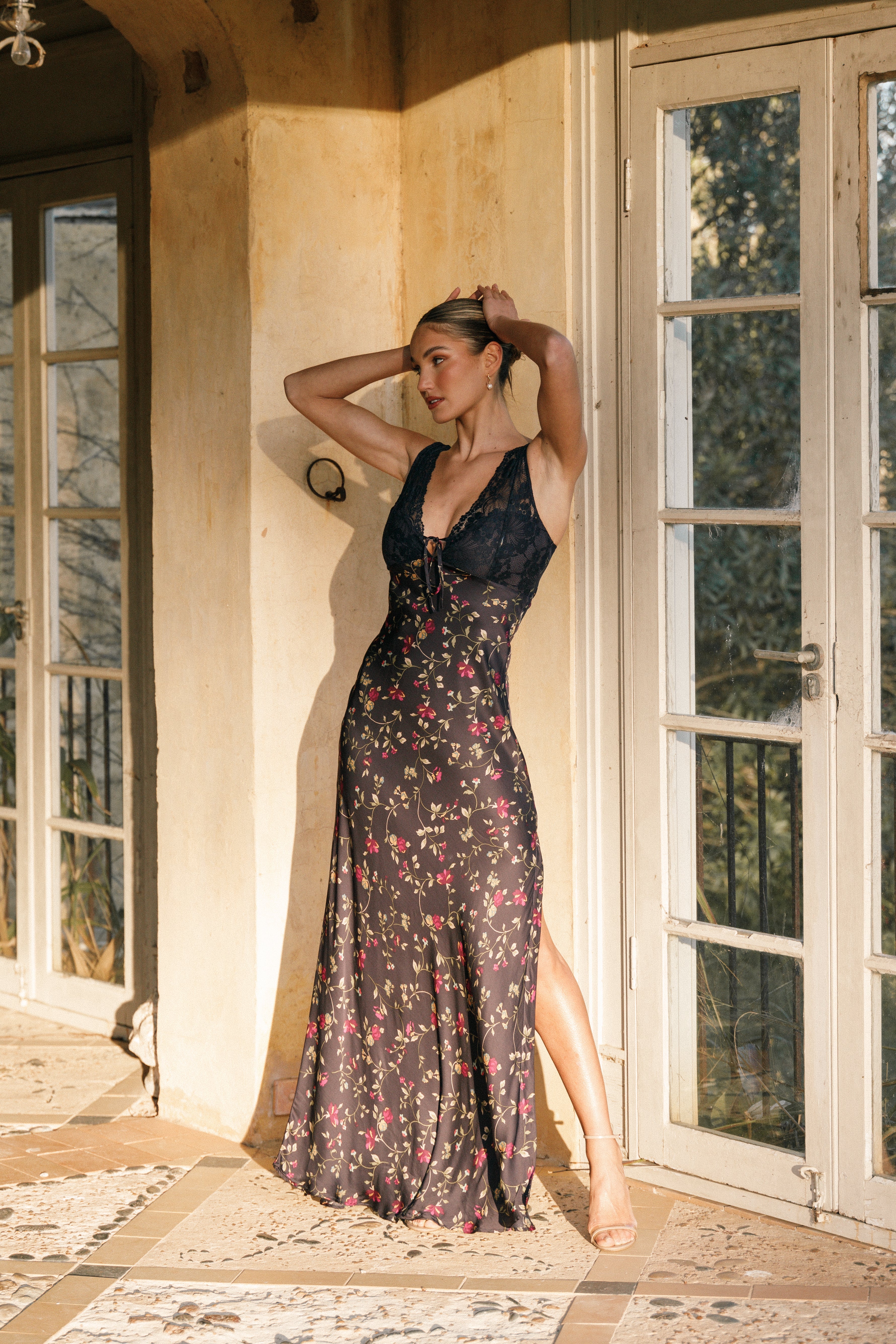 Midnight Floral Maxi Slip Dress with V Neck & Adjustable Straps