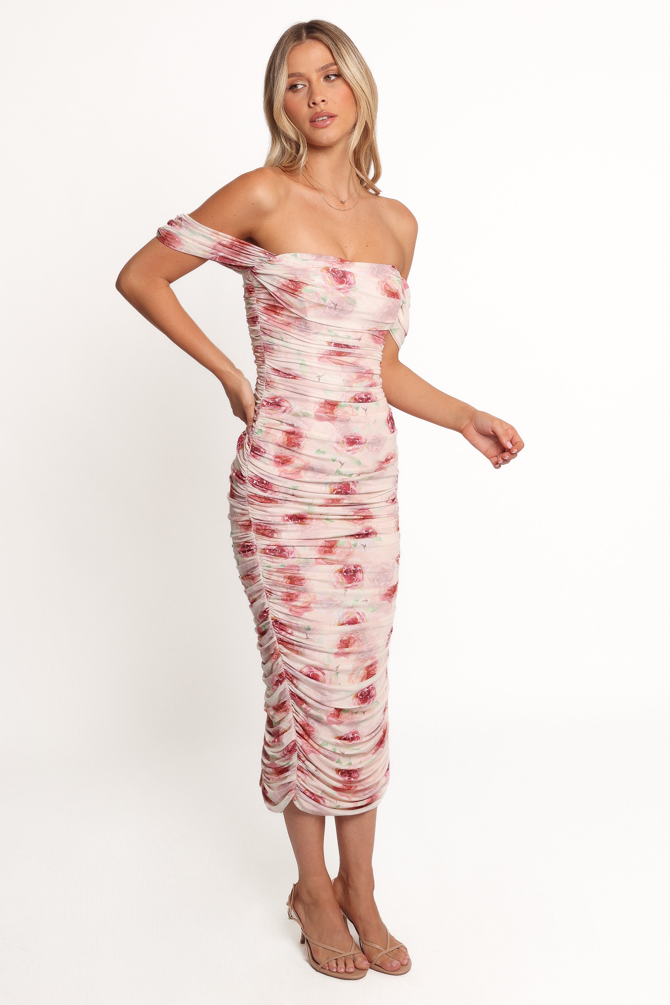 Rose Floral Mesh Midi Dress - Bodycon Square Neckline with Boning