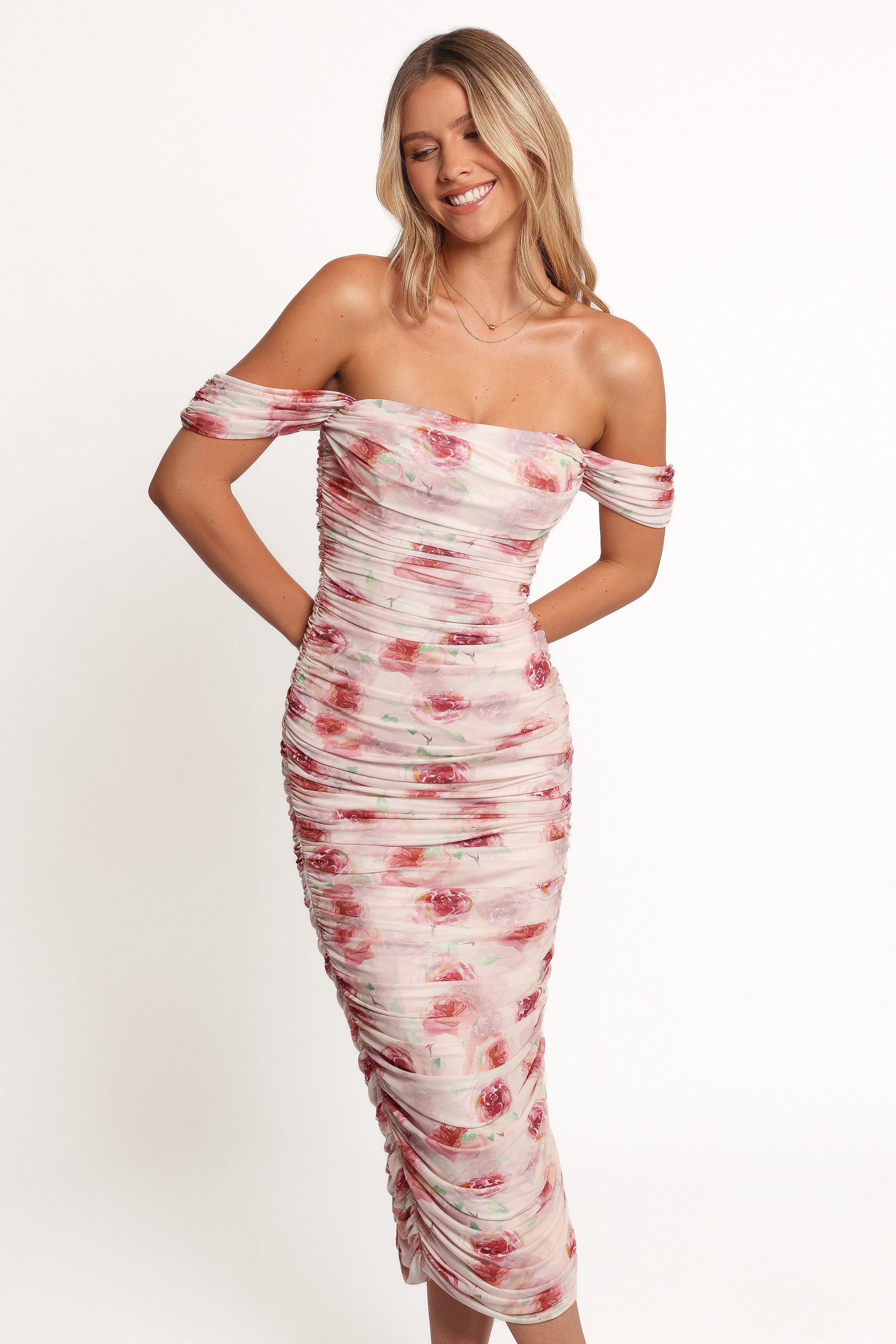Rose Floral Mesh Midi Dress - Bodycon Square Neckline with Boning