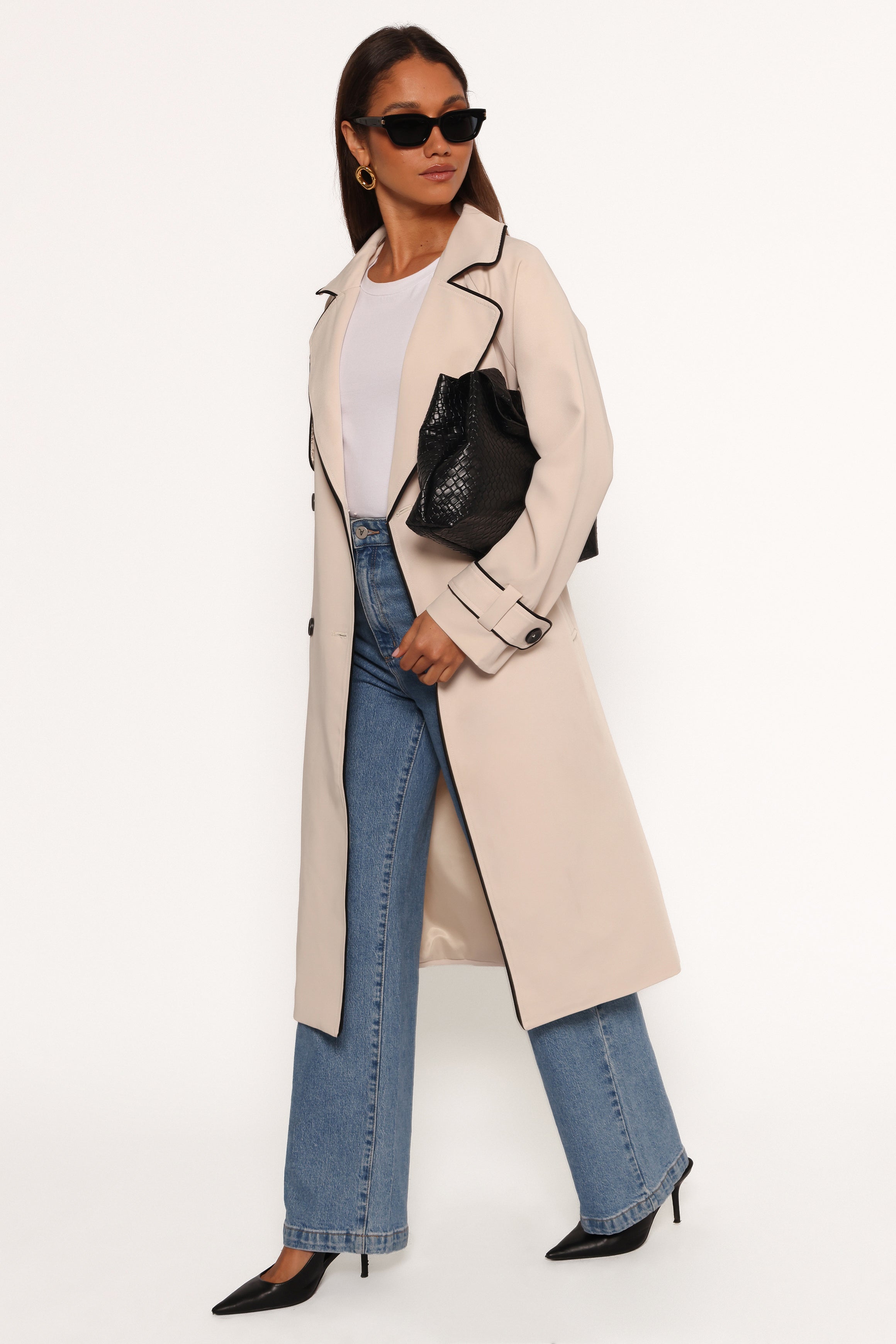Beige Double Breasted Trench Coat with Contrast Trim - Cayenne