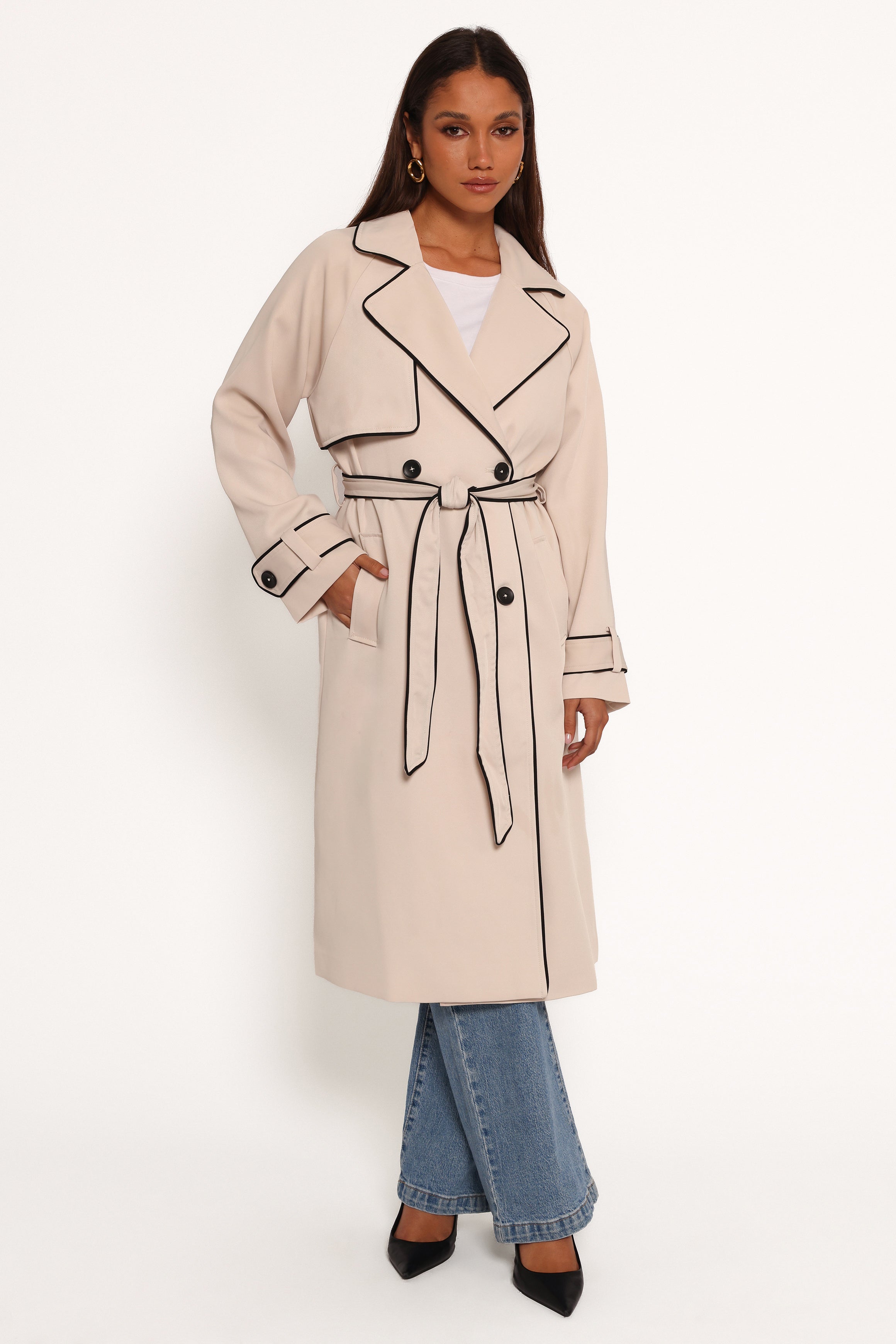 Beige Double Breasted Trench Coat with Contrast Trim - Cayenne