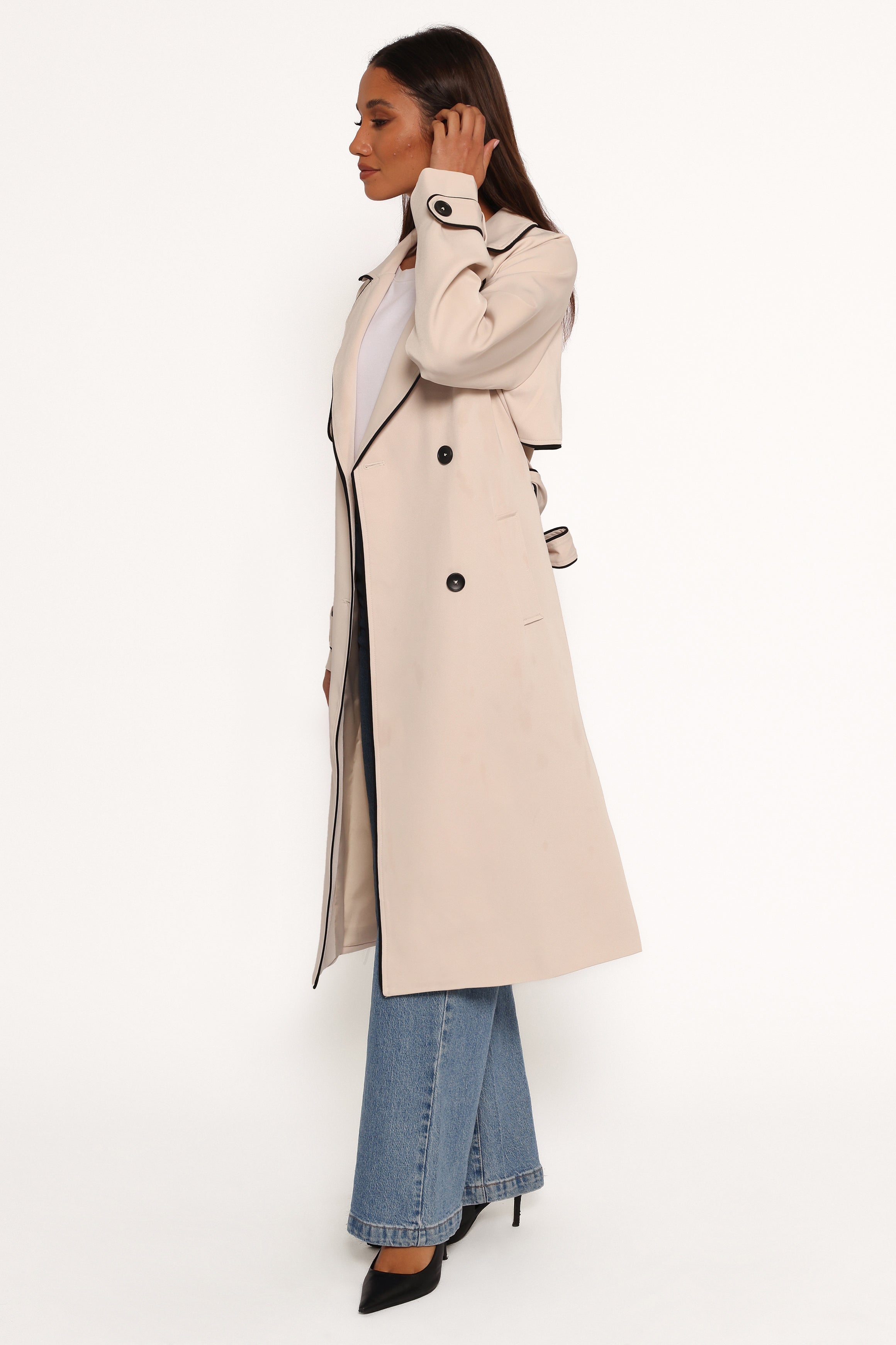 Beige Double Breasted Trench Coat with Contrast Trim - Cayenne