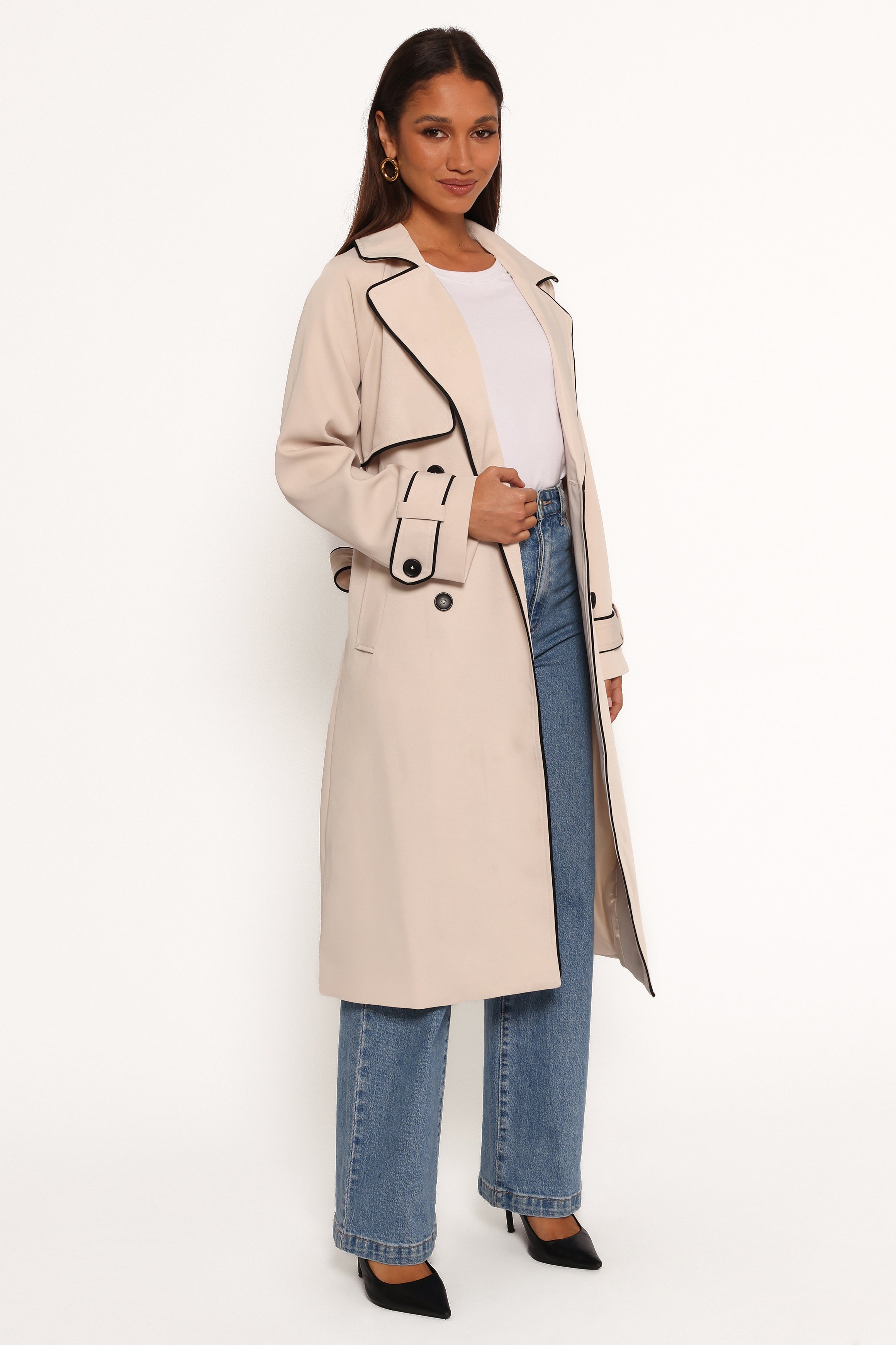 Beige Double Breasted Trench Coat with Contrast Trim - Cayenne