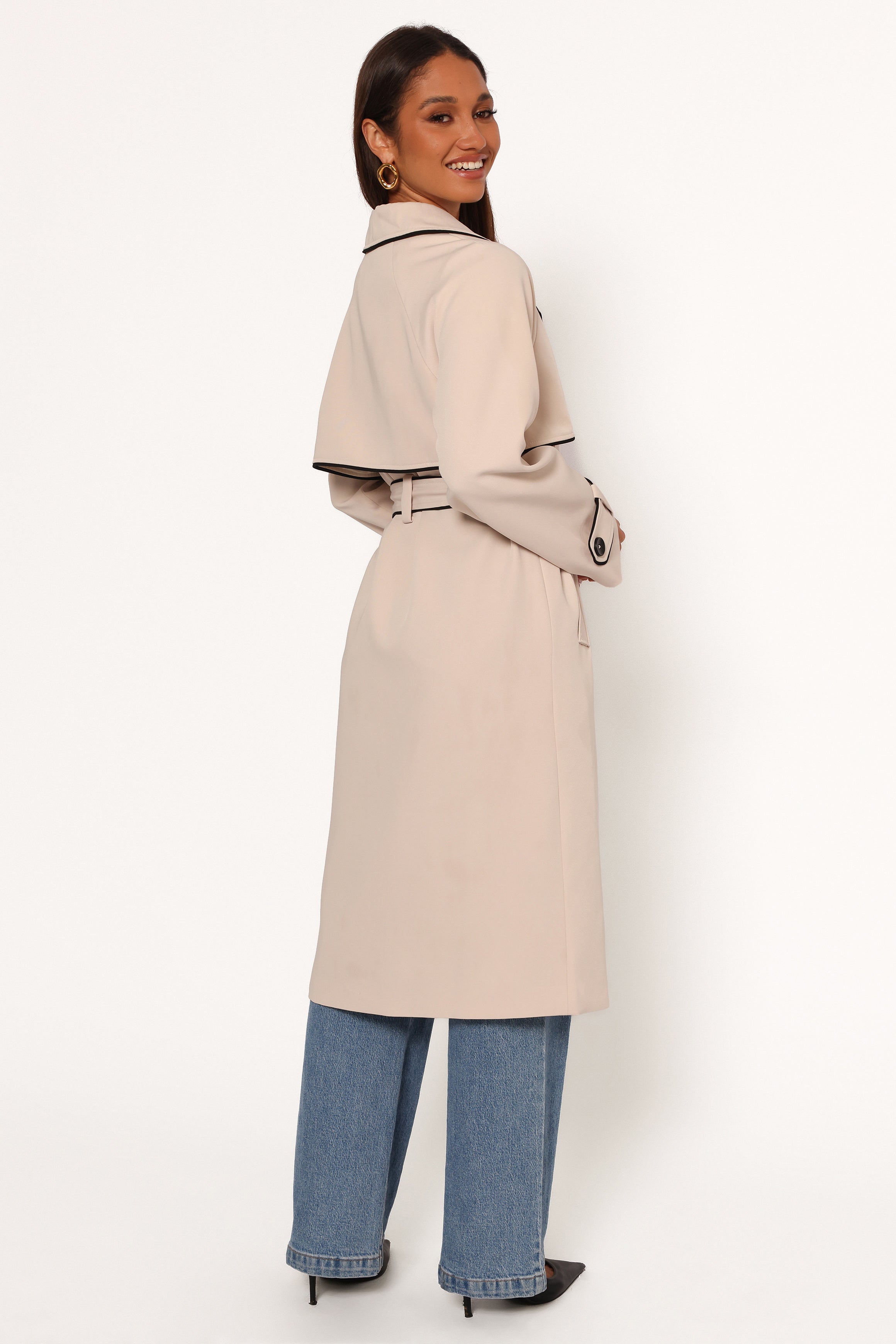 Beige Double Breasted Trench Coat with Contrast Trim - Cayenne