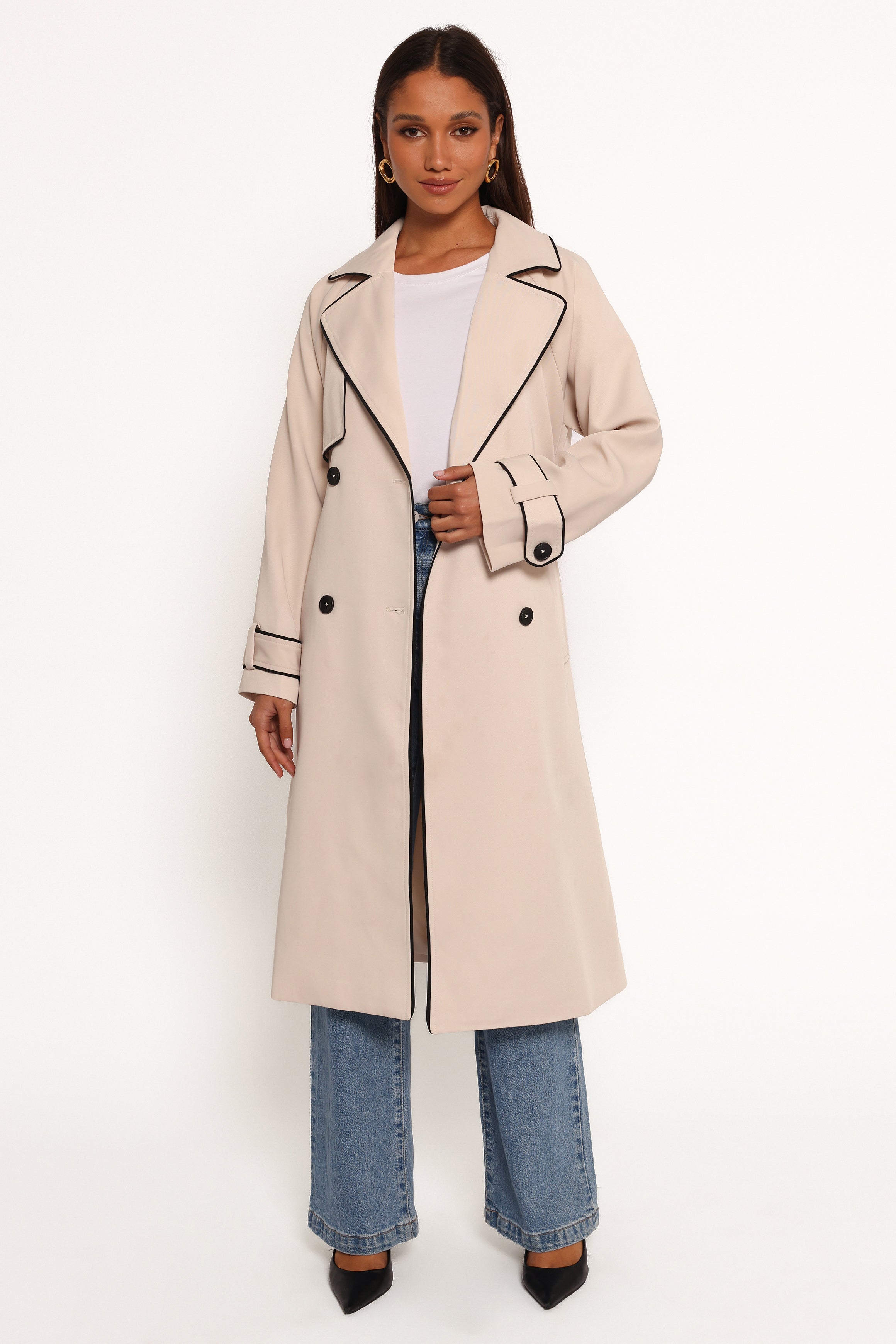 Beige Double Breasted Trench Coat with Contrast Trim - Cayenne